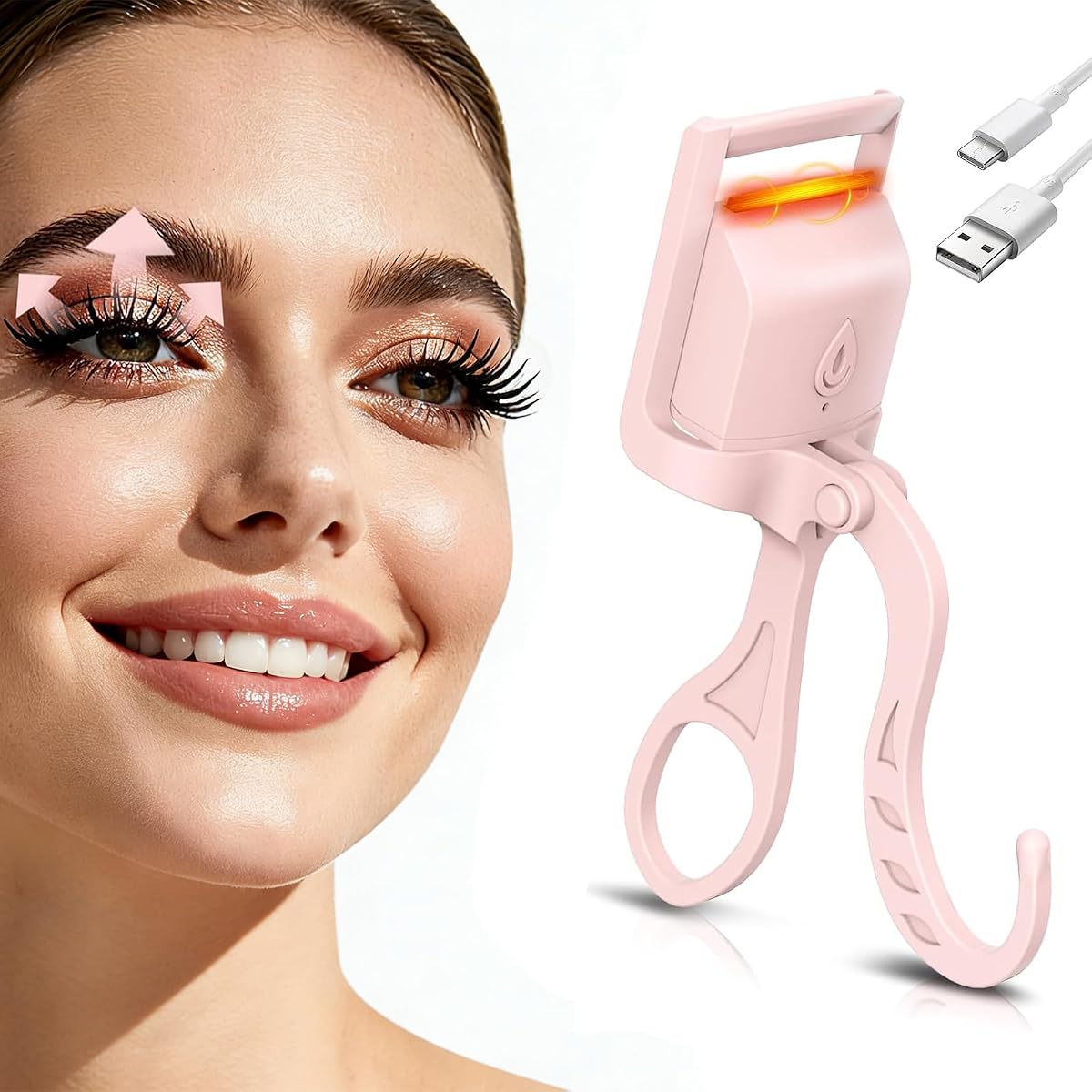 Heated Eyelash Curler, Quick Heat, Anti Scald Pad, USB Rechargeable | Heated eyelash curler with anti scald silicone pad, USB rechargeable, 10 second warm up, 30 g portable, pink and white