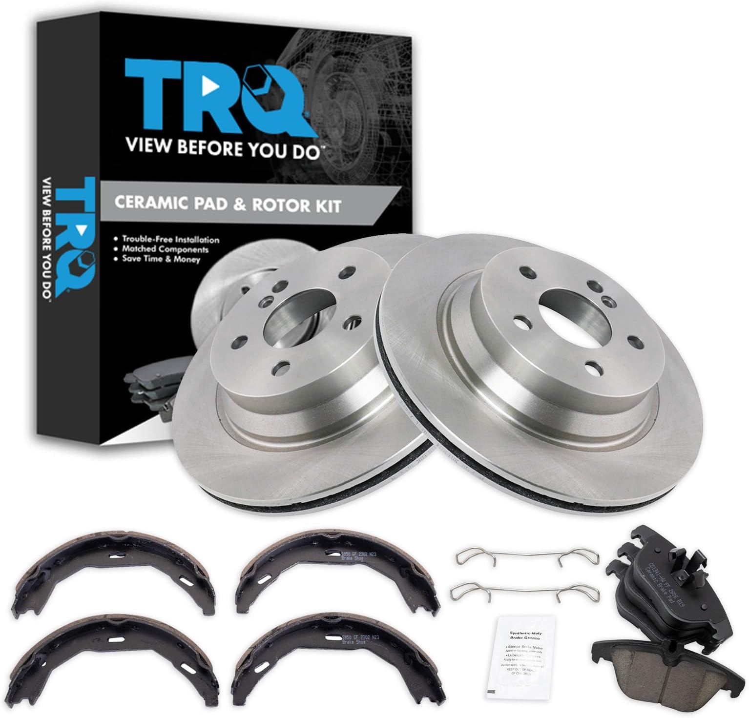 TRQ Rear Brake Pad & Rotor Kit Brake Pads Brake Rotor Parking Brake Shoe Set Ceramic Compatible with 2010-2014 Mercedes-Benz E350 2015 E400
