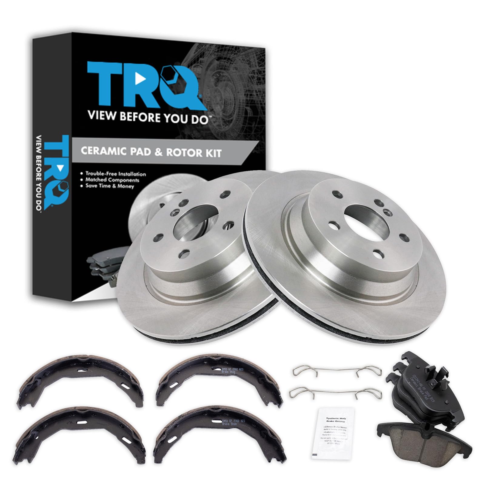 TRQ Rear Brake Pad & Rotor Kit Brake Pads Brake Rotor Parking Brake Shoe Set Ceramic Compatible with 2010-2014 Mercedes-Benz E350 2015 E400
