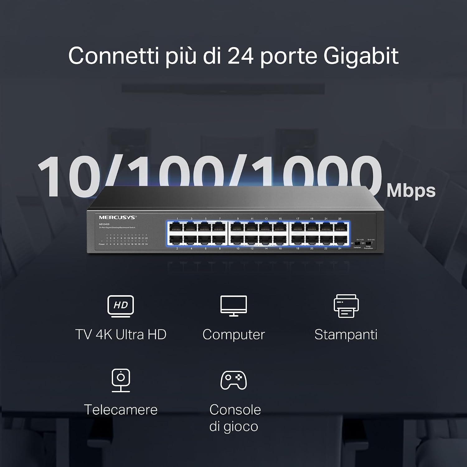 Diagram showing various devices connected to the Mercusys MS124GS switch