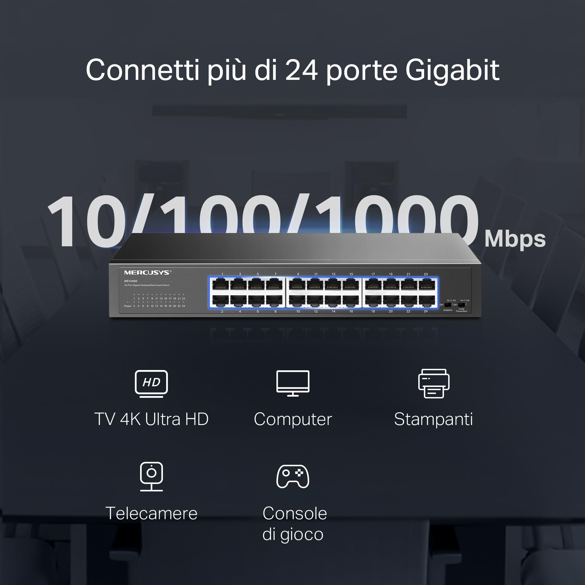 Mercusys TP-Link MS124GS Switch Gigabit 24 Porte, Montaggio Desktop o Rack, Plug & Play, Priorità del Traffico, Prevenzione Loop, Modalità di Isolamento, Funzionamento Silenzioso, Case in Metallo