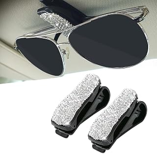 2 PCS Bling Car Sun Visor Glasses Holder, Diamond Shiny Sunglass Holder, Portable Multifunctional Holder with Ticket Card Holder, Universal Sun Visor Accessories for Most Cars (Silver)