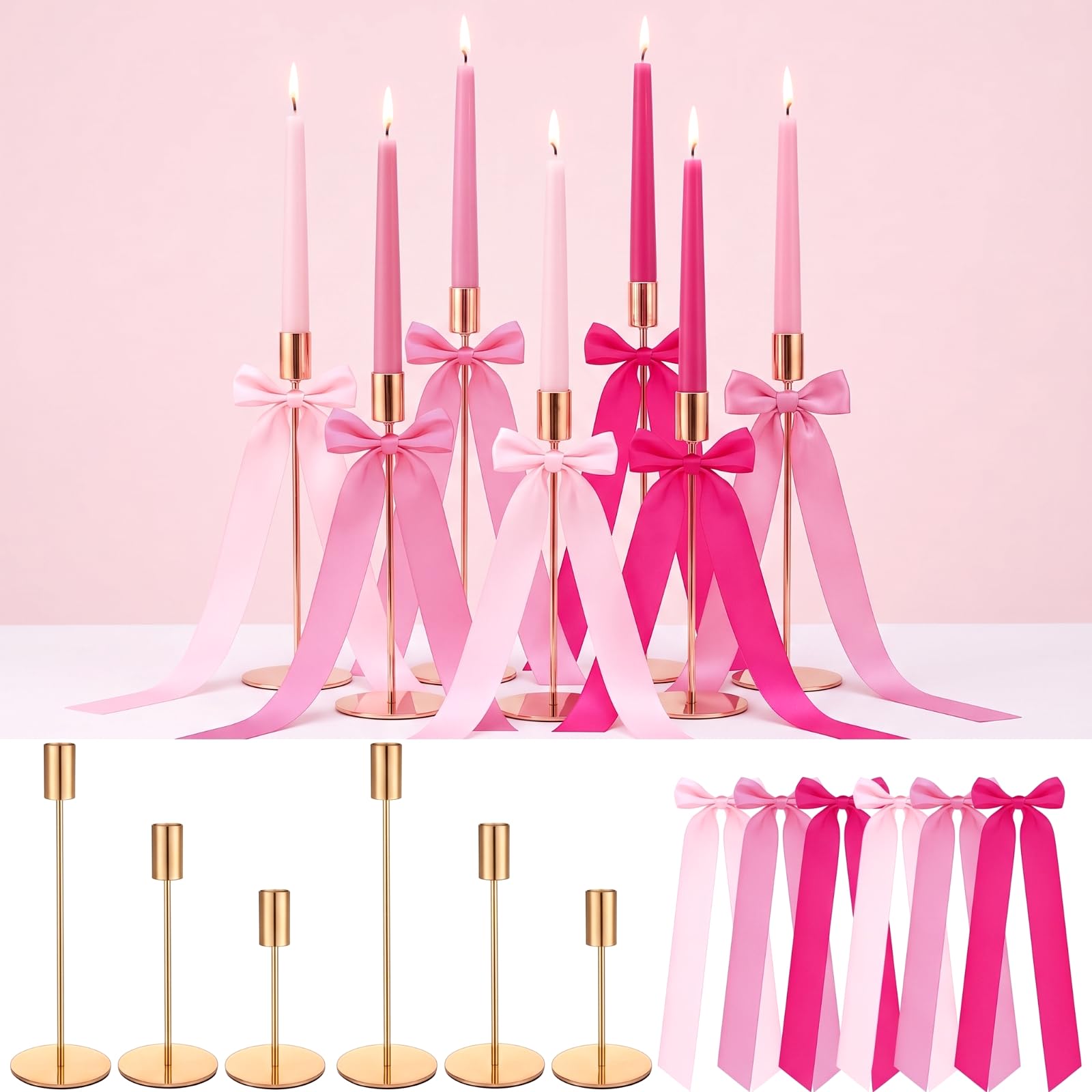 6 Set Pink Party Decorations, 6 Candle Holders and 6 Ribbon Bow, Metal Brass Gold Candlestick Holders for Table Wedding Bachelorette Birthday Party Supplies