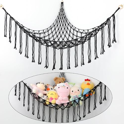 YELIENM Boho Stuffed Animals Net or Hammock Large,55 inch Toy Hammock Macrame Stuff Animal Storage Corner Hanging Net Holder,Mesh Hammock Plush Toy Organizer with Hooks for Bedroom,Nursery (Black) - Black