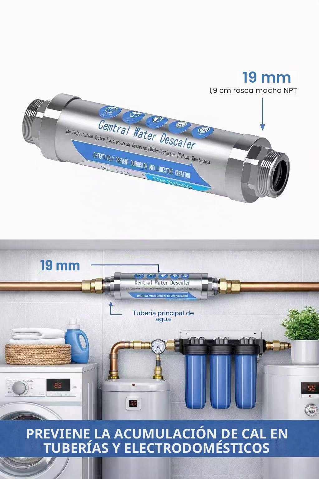 Descalcificador de agua, para prevenir la cal en toda la casa, antical, filtro de agua, detergente, para uso en toda la casa con ducha, lavavajillas y calentador solar (G 3/4").