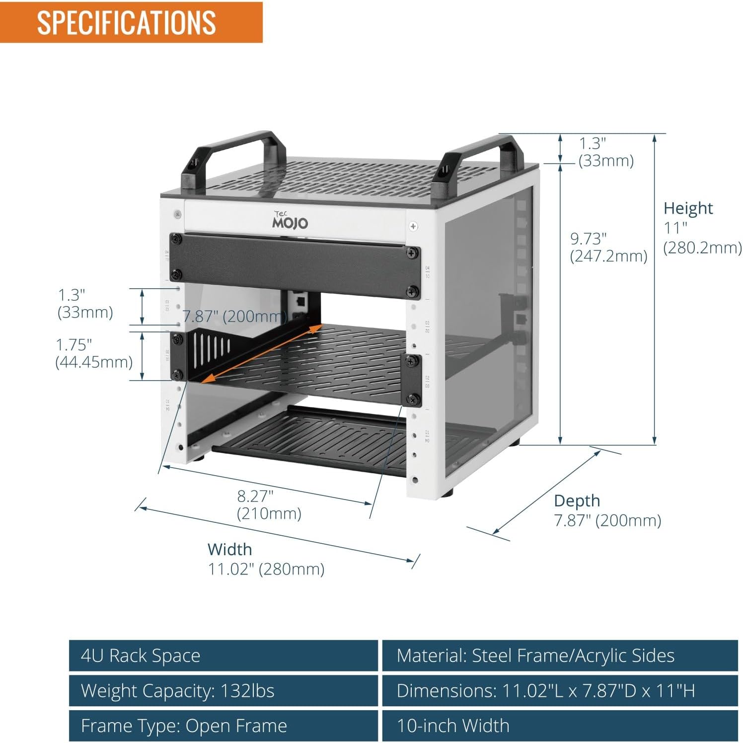 Detailed specifications and dimensions of the Tecmojo 4U 10-inch Mini Server Rack.