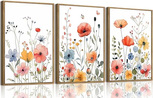 Miniatura 32 de KISSFOX 3 piezas de lienzo de arte de pared de flores silvestres para decoración de pared, cuadros florales, pinturas botánicas, impresiones de
