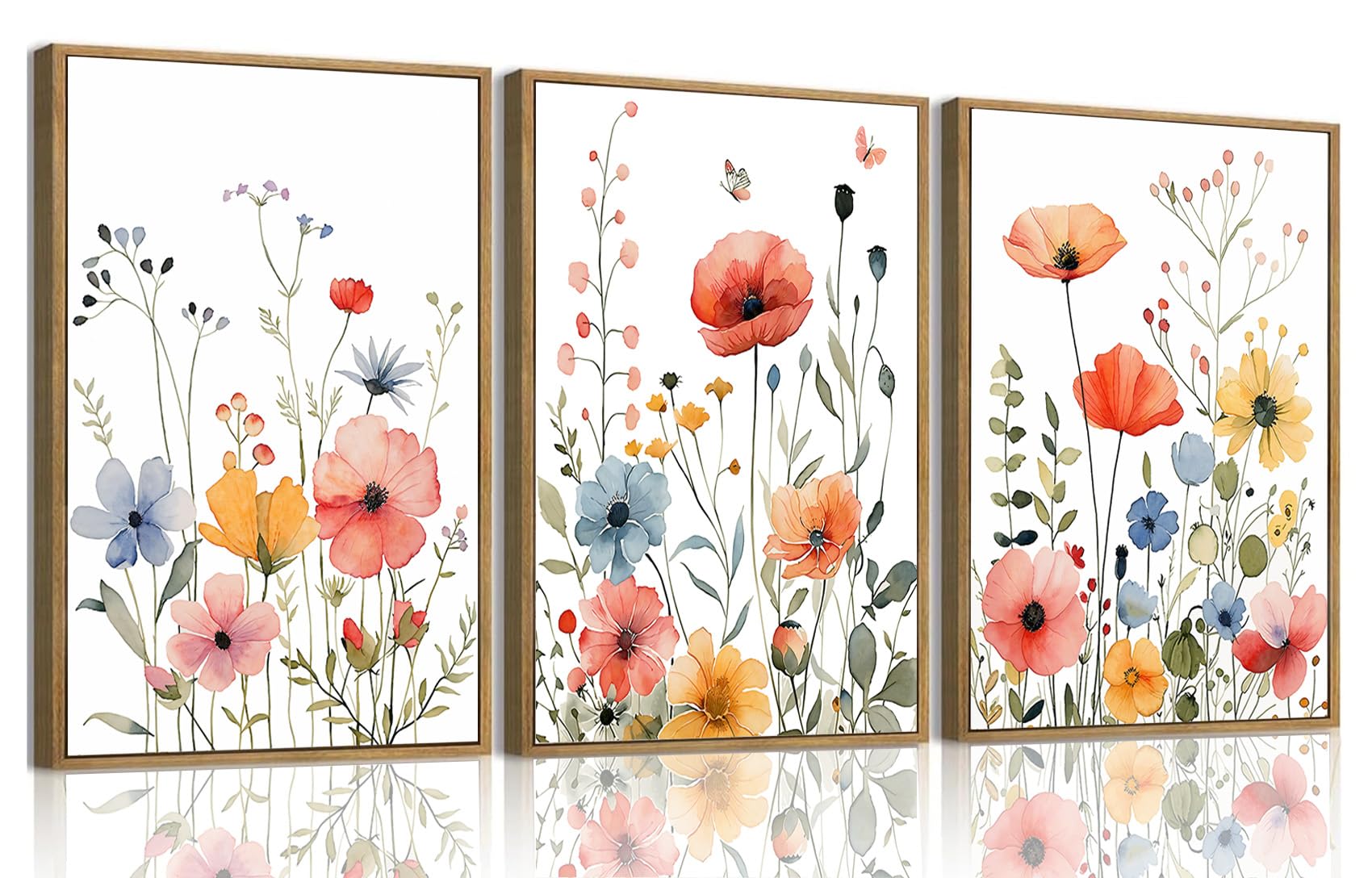 KISSFOX Framed Colorful Wildflower Canvas Wall Art Set Of 3 Flowers Pictures Prints Flowers Printing Floral Watercolors Flower wall Decor Living Room