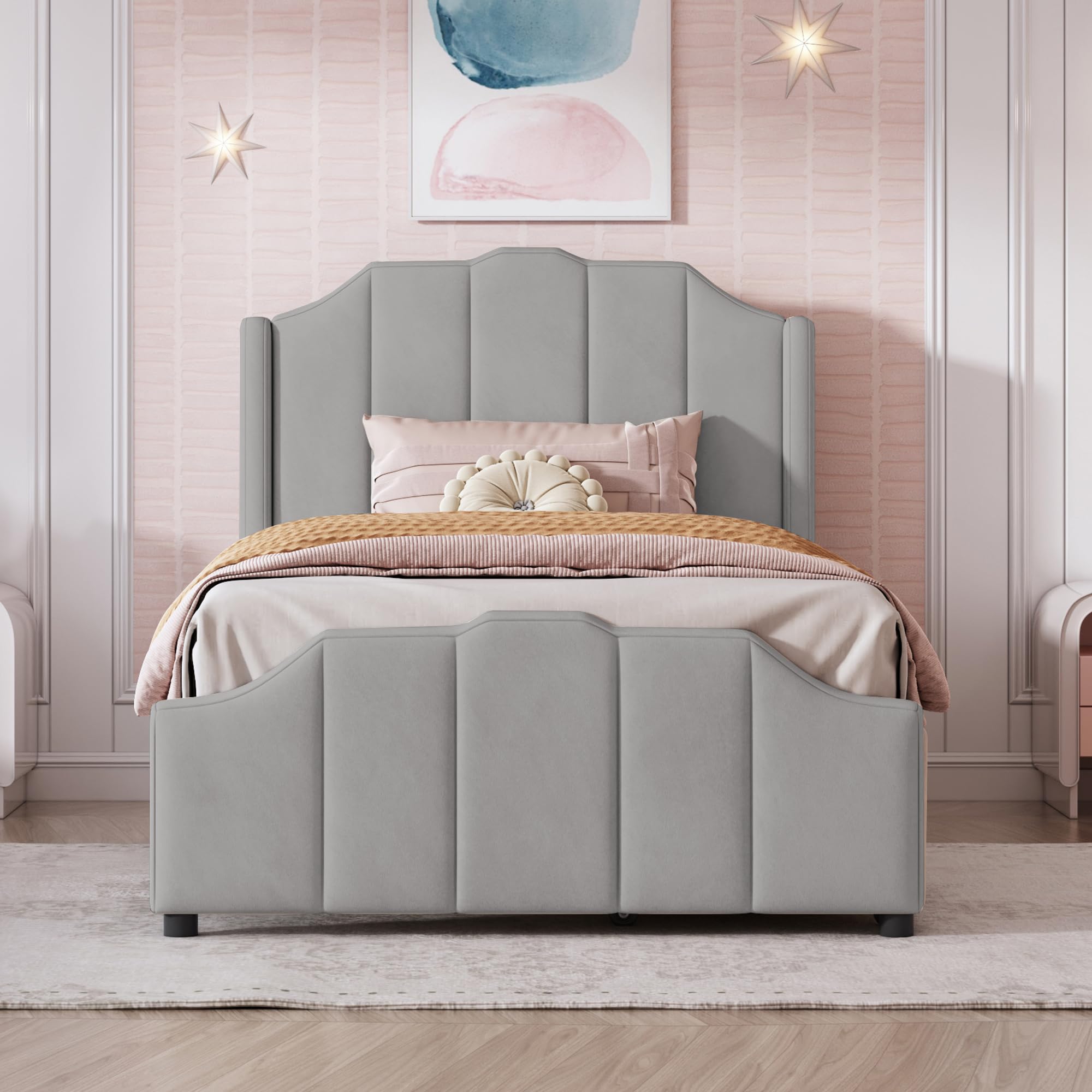 Letto imbottito 90 x 200 cm, con 2 cassetti portaoggetti con testiera, poggiapiedi e rete a doghe in velluto, letto matrimoniale imbottito per ragazzi e ragazzi, colore: grigio