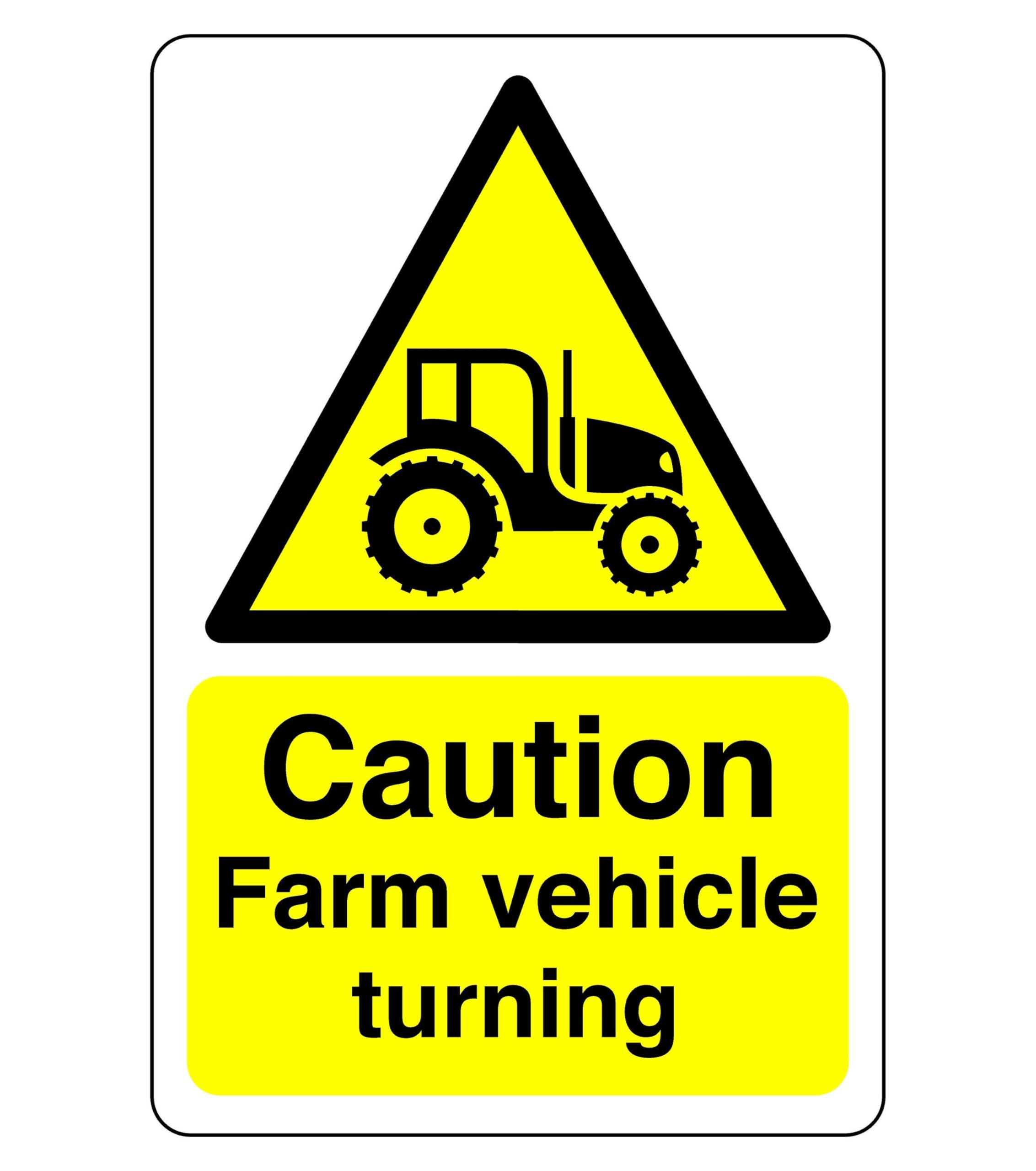 Caution farm vehicle turning sign - 1.2mm Rigid plastic for indoor/outdoor usage (400mm x 300mm) Viewing Distance within 14m.