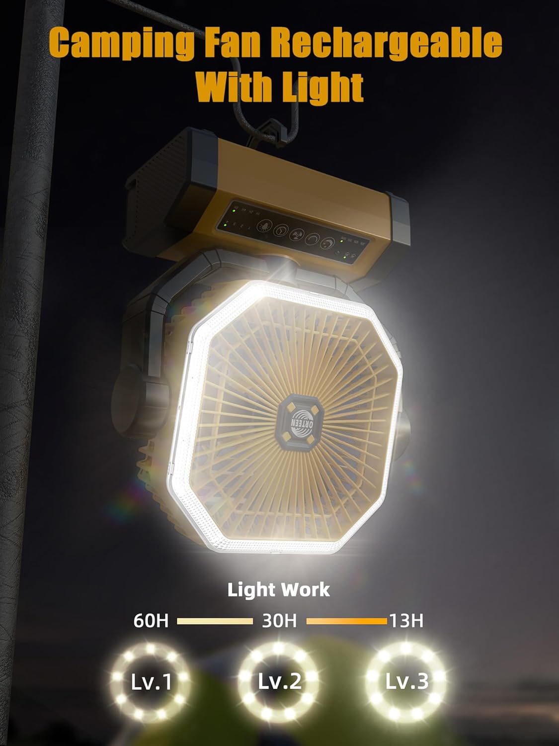 Orteen Rechargeable 9-Inch Portable Table Fan, 20000mAh Battery Powered Camping Fan with Auto Oscillation, Remote Control, LED Light, Hook - 20000mAh-Yellow - Image 4