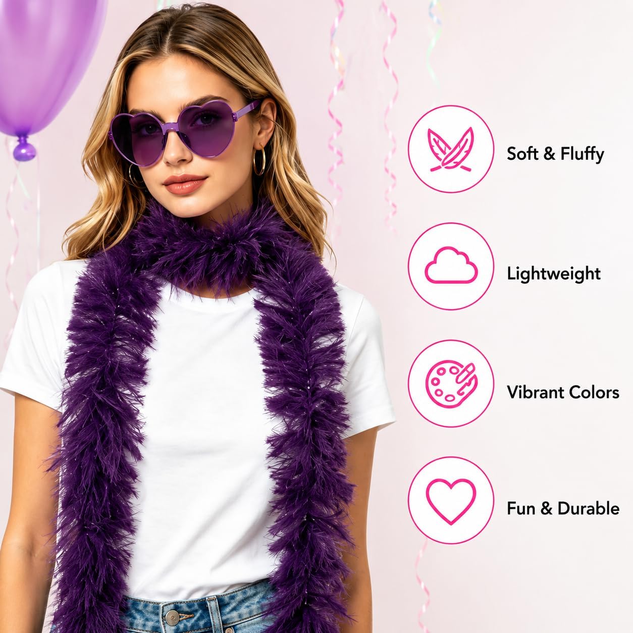 16Pcs Feather Boas Party Pack, 8Pcs Artificial Feather Boa 6.56ft and 8Pcs Heart Sunglasses for Birthdays Costume Party