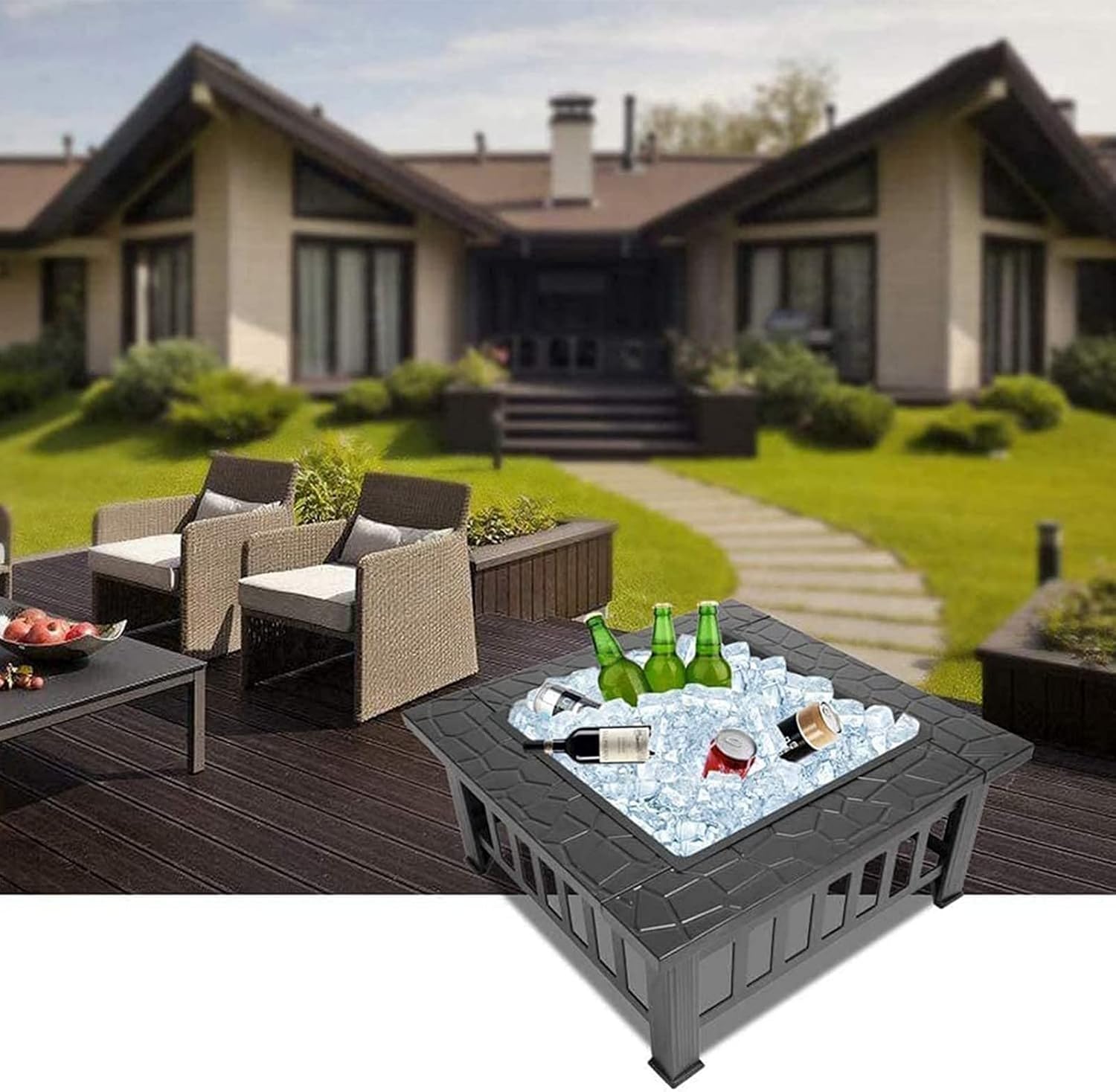Garden Fire Pit Grill Bowl Grill Barbecue Rack 32" Outdoor Fire Pit 3 in 1 Metal Square Fire Pit Wood Burning Bonfire Stove for Patio Bonfire Backyard with Spark Screen, Poker, Cover