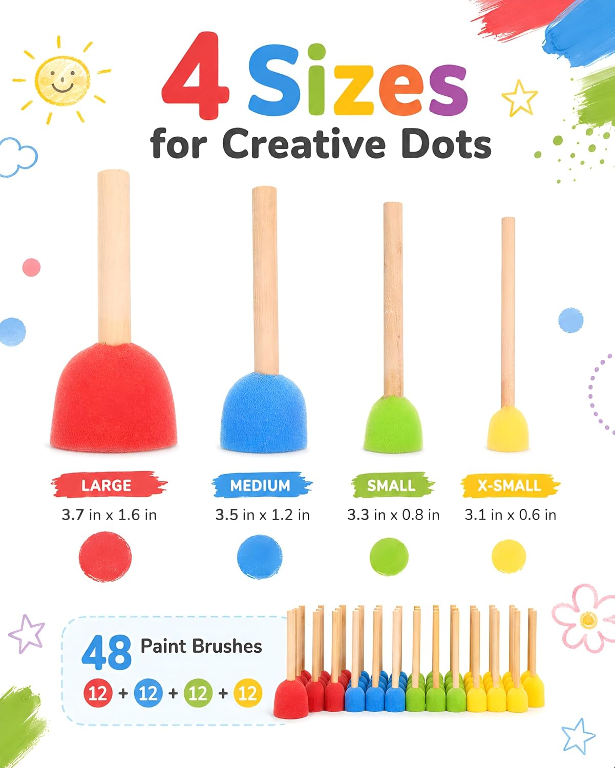 NUOBESTY 48 Pack Sponge Paint Brushes for Kids, 4 Sizes with Wooden Handles | Round foam heads for dot painting, stamping, acrylic art, classroom projects and DIY craft activities