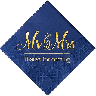 Crisky Wedding Napkins Mr Mrs Bule Gold Cocktail Beverage Dessert Napkins for Wedding Shower Engagement Party Decorations, 100 Pcs, 3-Ply