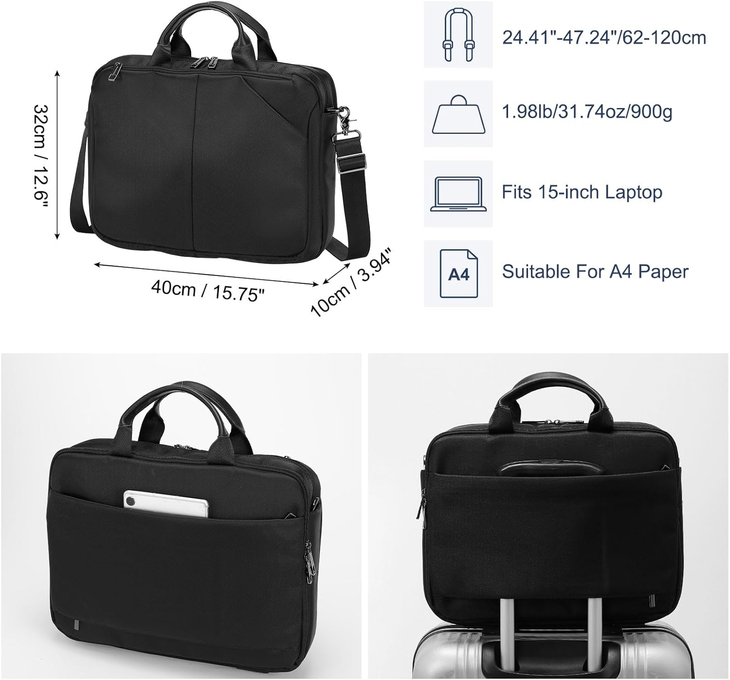 uxcell 15.6 Inches 360° Protective Laptop Bag, Water-Resistant Laptop Briefcase, Black