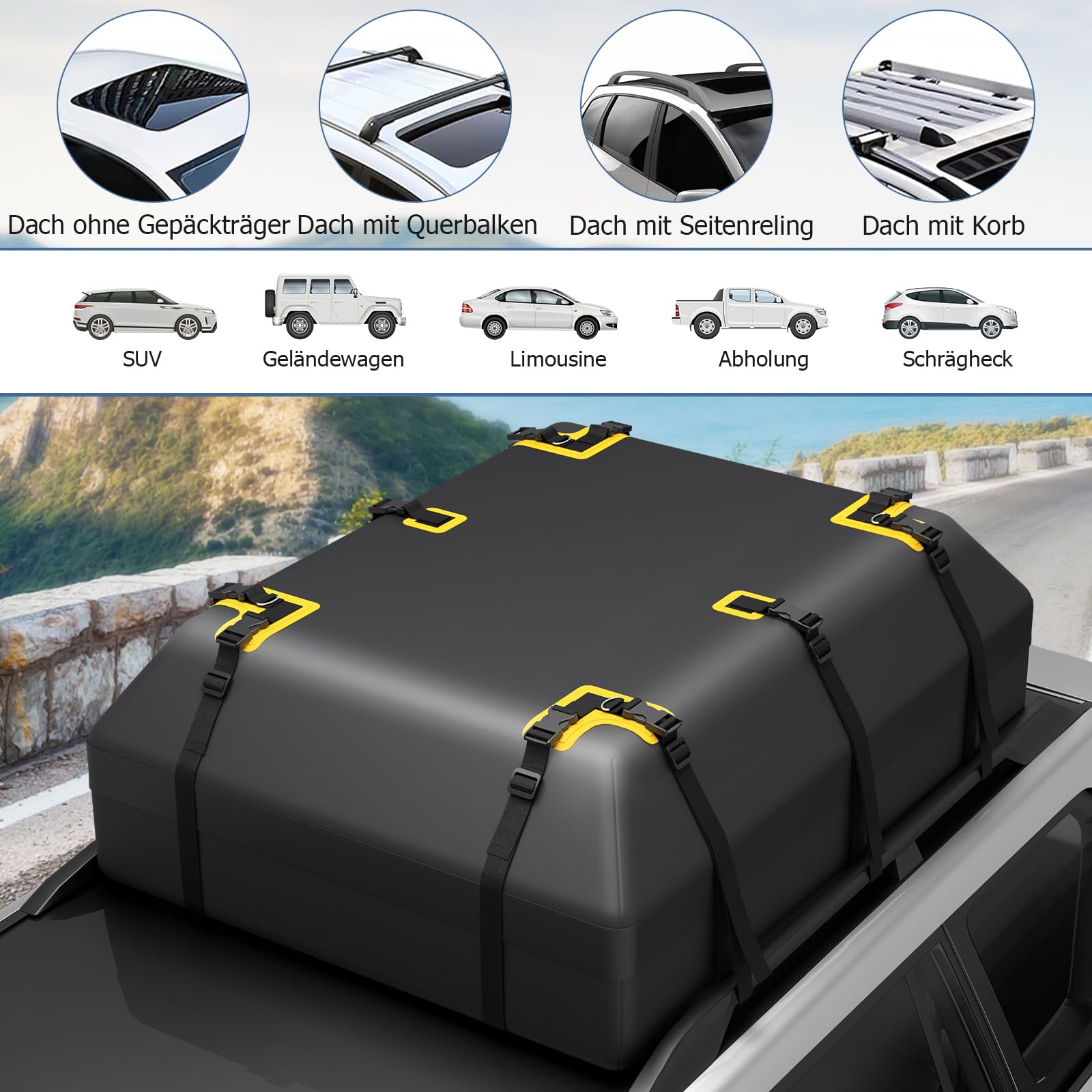GOPLUS 600L Auto Dachbox, wasserdichte Dachtasche für Autos mit/ohne Gepäckträger, Gepäckbox mit Rutschfester Matte & 6 Türhaken, Aufbewahrungsbox für Reisen und Gepäcktransport (600L)