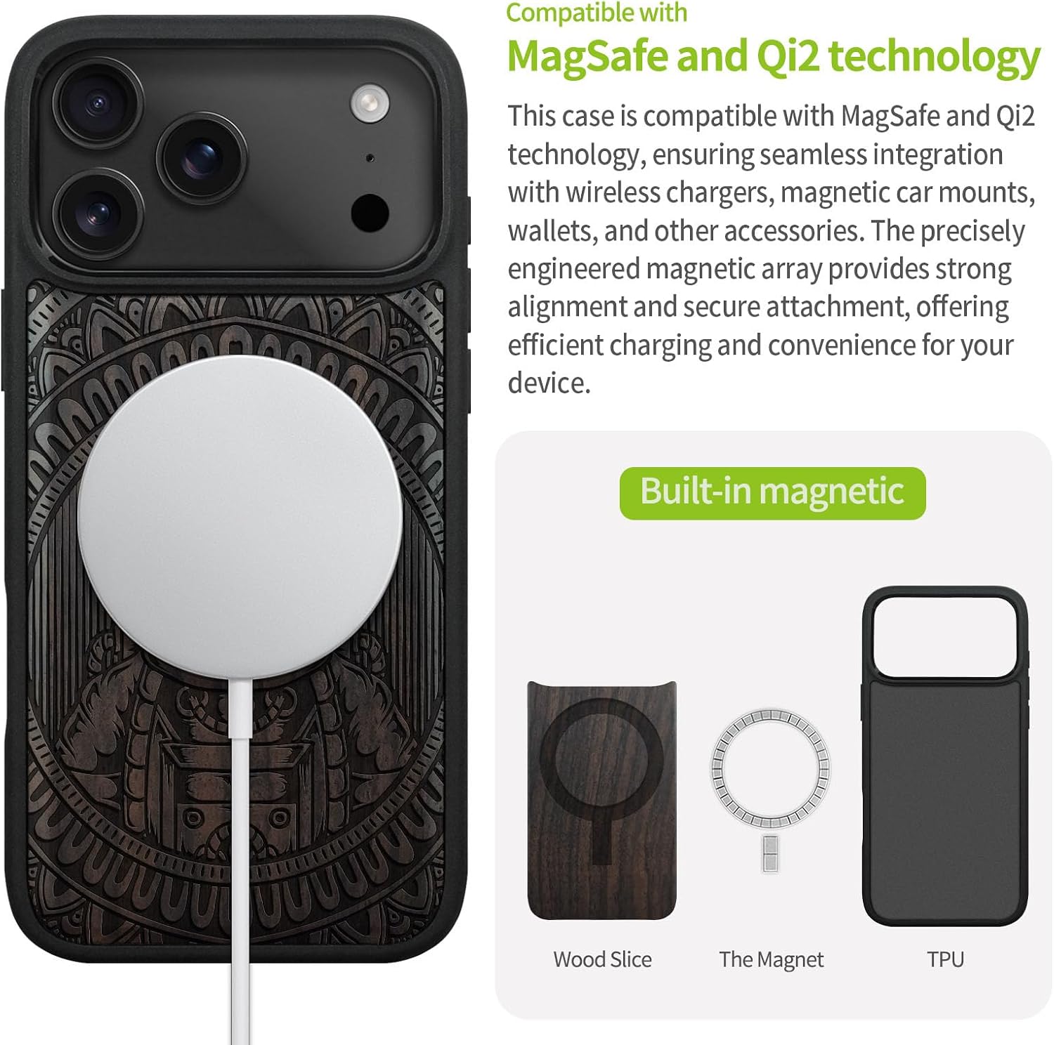 Carveit Magnetic Wooden Case for iPhone 17 Pro Max Case, Wood Artisan Engraved & Black Soft TPU Shockproof Cover, Compatible with MagSafe Wireless Chargers (Astronaut in Mandala Style) Blackwood