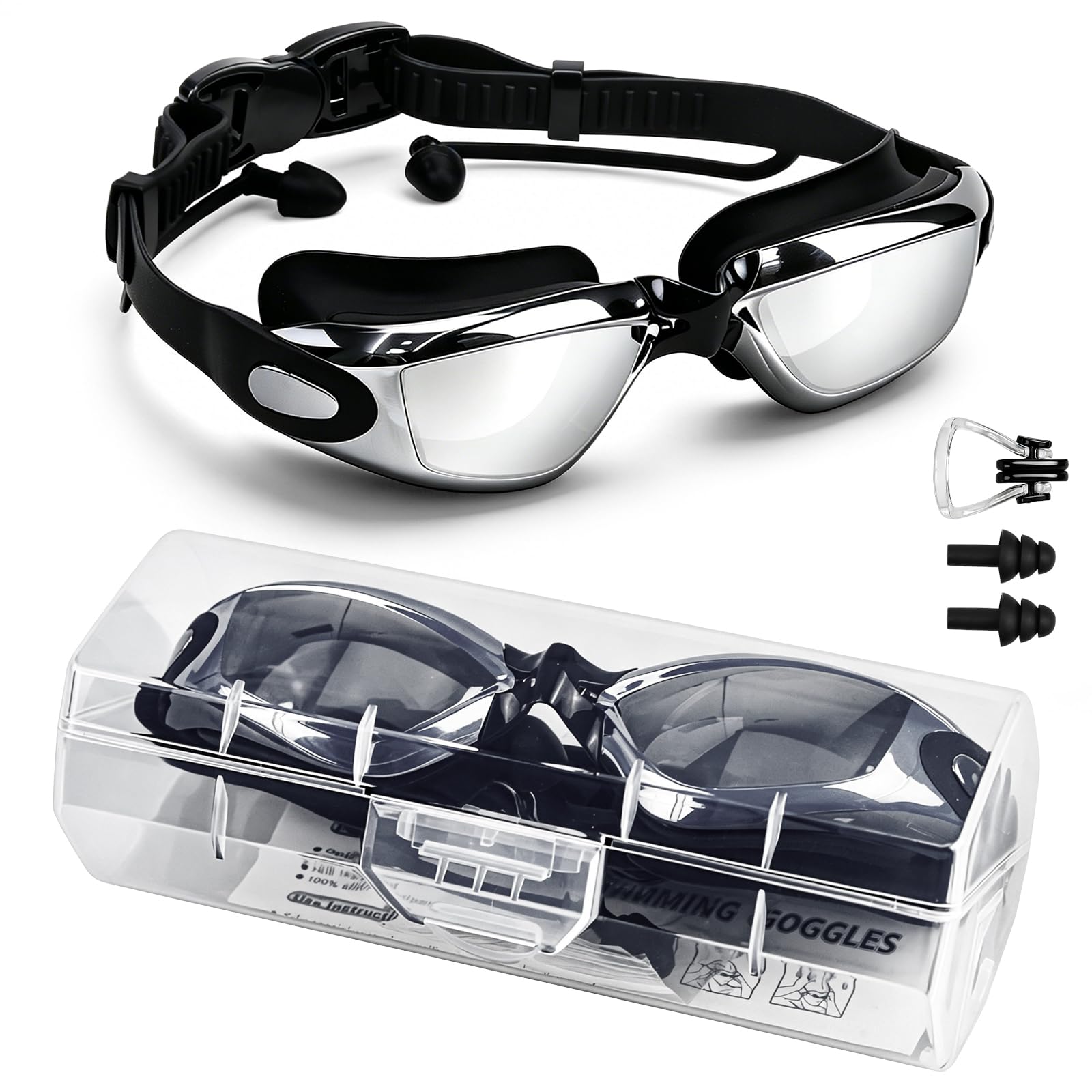 BD-Herego Swimming Goggles, Electroplated Anti Fog with Silicone Cushion, Swim Goggles for Men Adults, UV Protection Crystal Clear Vision - Includes Protective Case, Nose Clip & Earplugs
