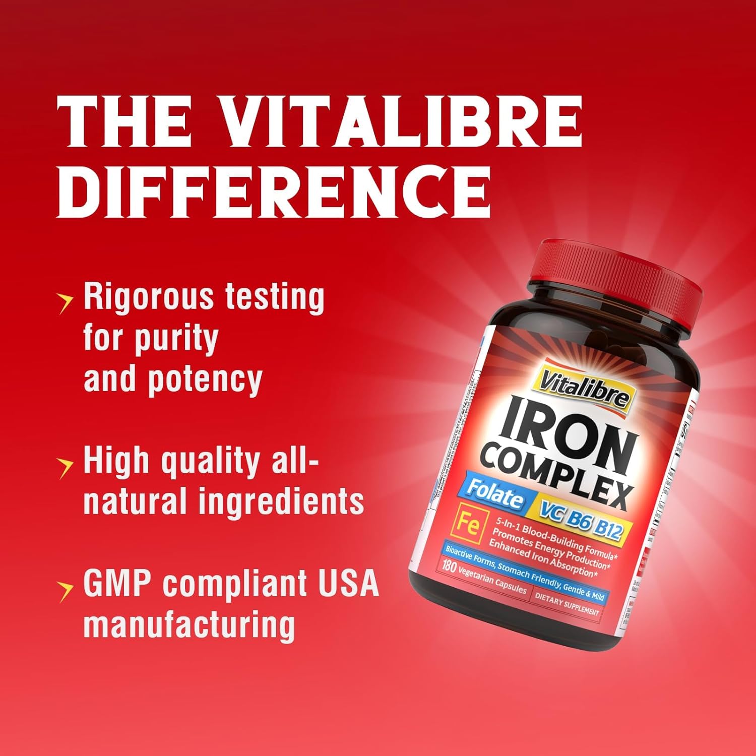 Iron Supplement for Women & Men, with Vitamins C, B6, B12 & Folate for Iron Deficiency, Blood Building & Energy Support, Stomach Friendly, Better Absorption, Non-GMO, No Gluten, 180 Vegan Caps