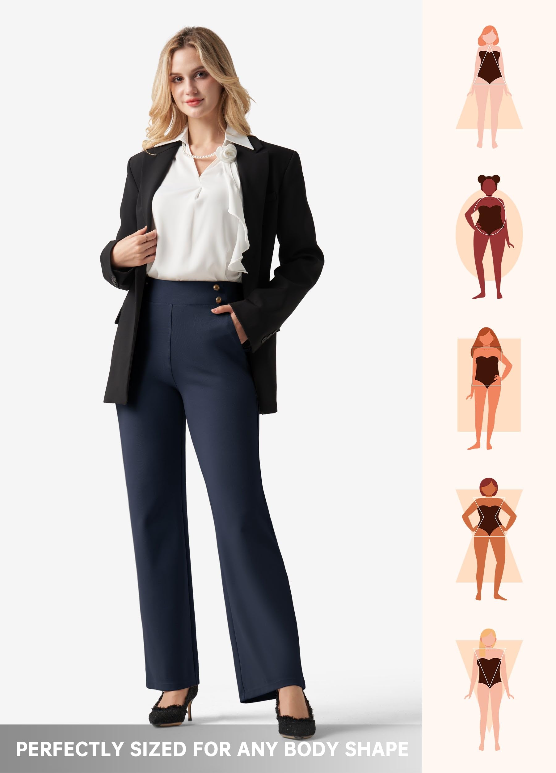Willit Pantalones de vestir de pierna ancha para mujer, de cintura alta, elásticos, para trabajo, oficina, negocios, informales, con bolsillos pequeños/regulares/altos