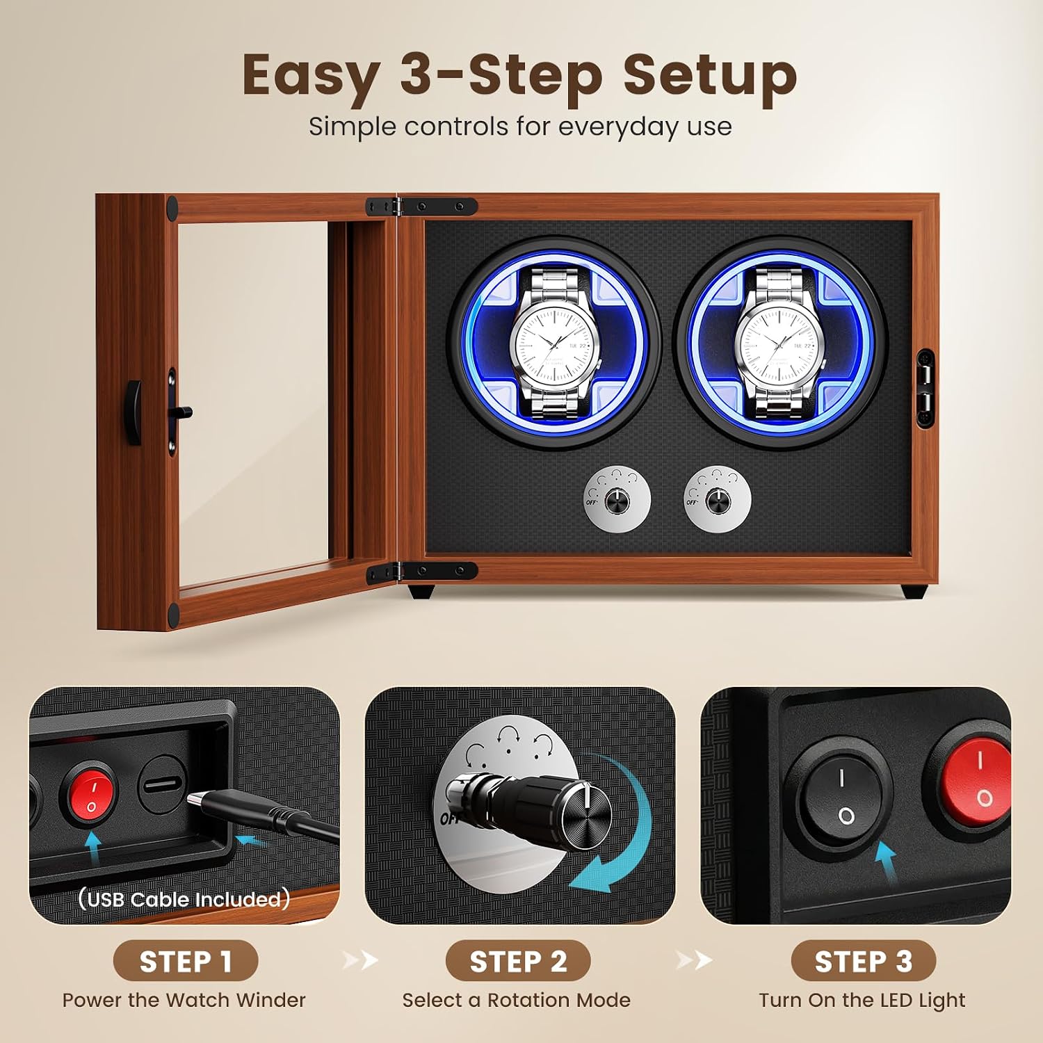 Double Watch Winder for Automatic Watches, Wooden Automatic Watch Box with Dual Independent Control, Ultra-Quiet Sleeping Motor, Soft Pillow & Blue LED, Gift for Men & Watch Lovers