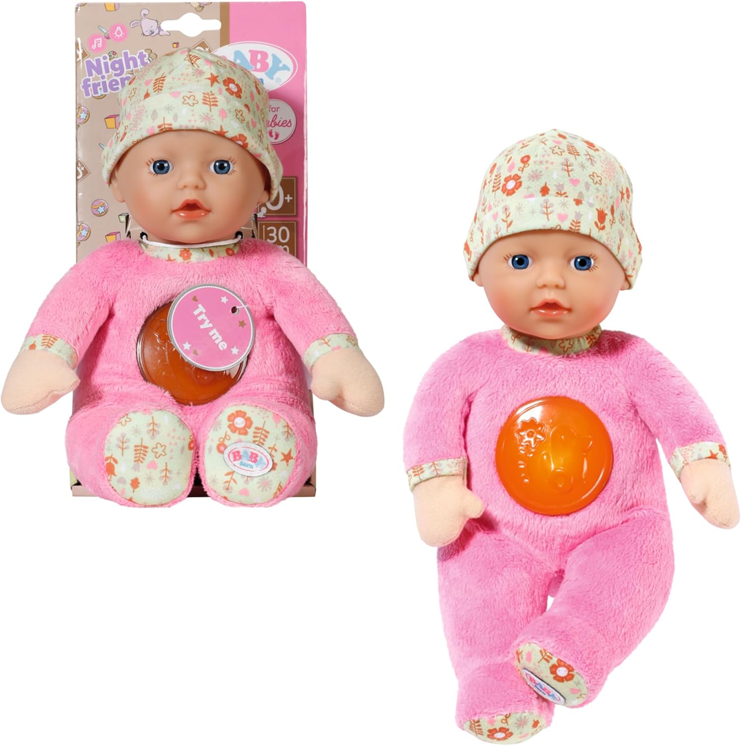 Zapf Creation 832264 Born Nightfriends for Babies 30 cm Soft Rag Doll Sleep Aid Night Light and Music Box from 0 Months Pink Yellow