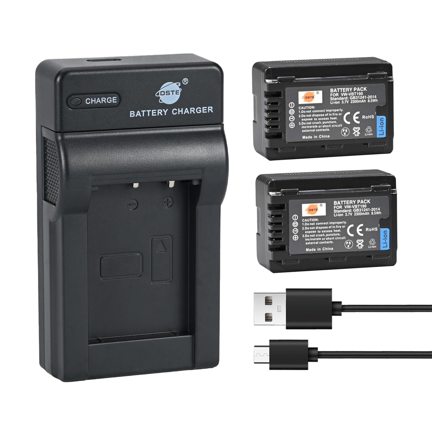 DSTE 2-Pack VW-VBT190 Batterie et Chargeur Compatible pour Panasonic HC-V270GK HC-V380GK HC-V210GK HC-V210MGK HC-V520GK HC-V520MGK HC-V720GK