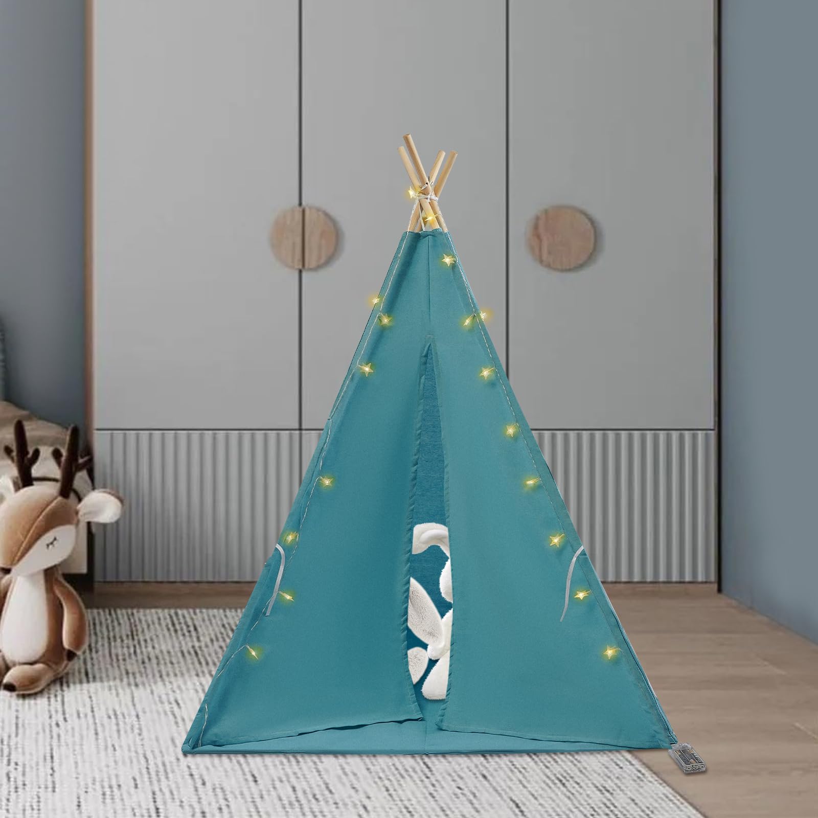 Tenda per Bambini 120x120x140cm con Luce, Tipi per Ragazzo 1,6m in Cotone Lino per Camera, Giardino, Spiaggia, Casetta da Gioco per Interno ed Esterno con Tappeto, Ghirlanda 3m