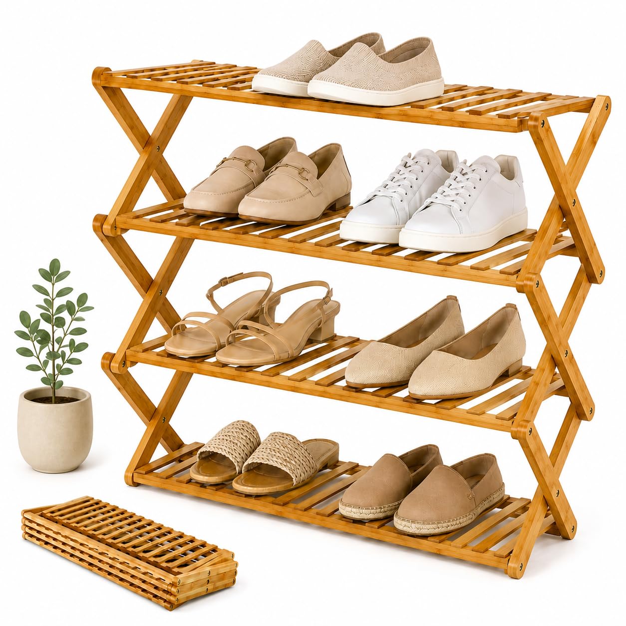 Felino® Schuhregal Schuhablage Organizer aus Bambus Holz offen | 70cm lang | Schuhorganizer offenes Regal klappbar auch für Camping
