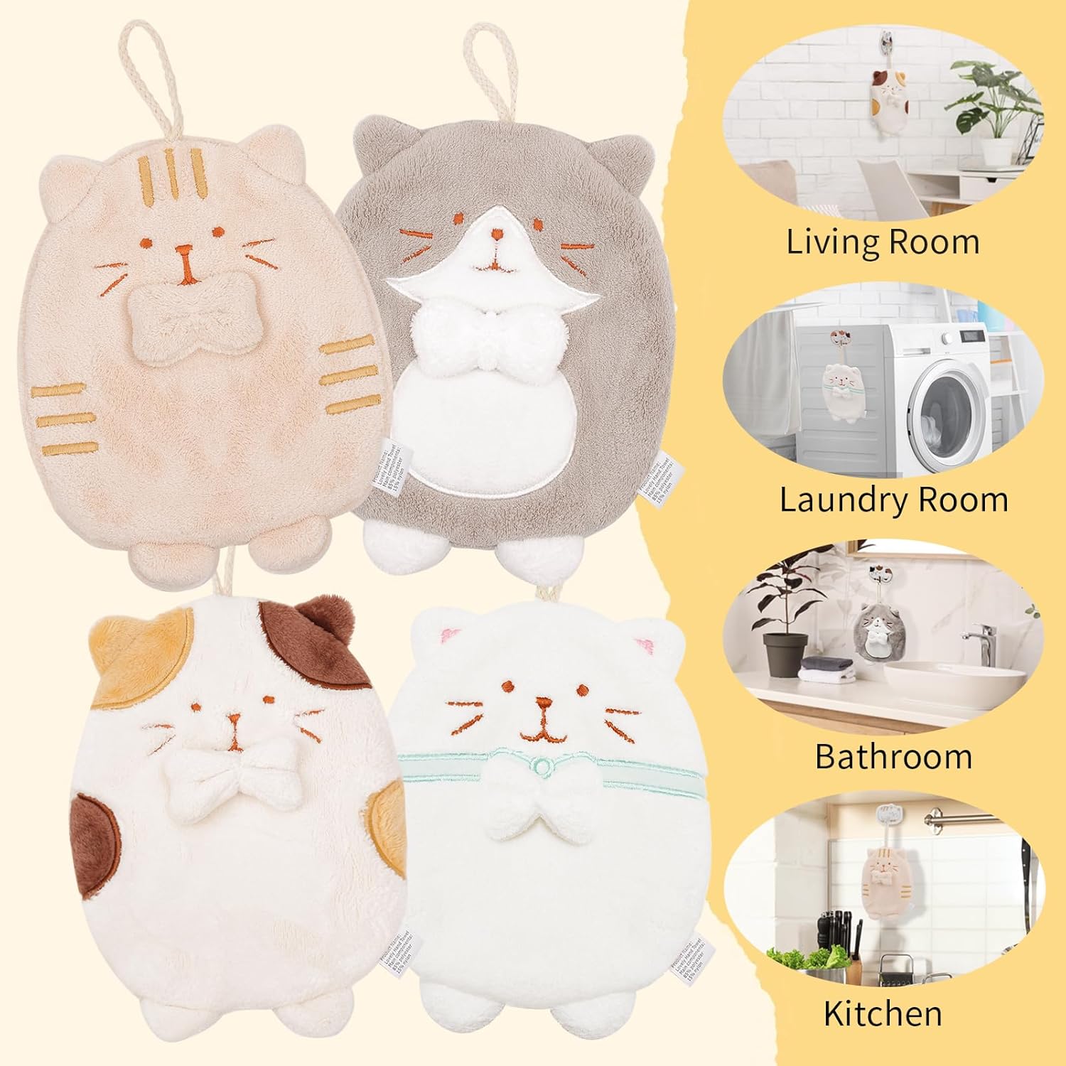 4Pack Cute Cat Hand Towels, Bathroom Towels with Hanging Loop, Children Hand Towel Animals, Microfiber Coral Fleece Absorbent Hand Towel for Kitchen Bathroom Bedroom (4CAT) - Image 6