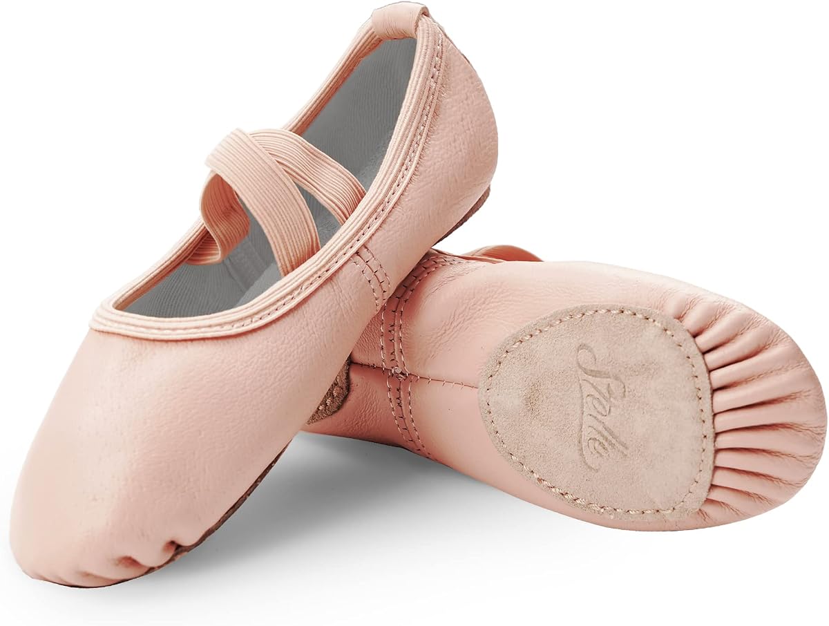 Stelle Ballet Shoes for Girls Genuine Leather Dance Slippers | Toddler ballet shoes, Full leather upper, Suede split sole, Elastic straps, Soft cotton lining, Flexible movement, Beginner
