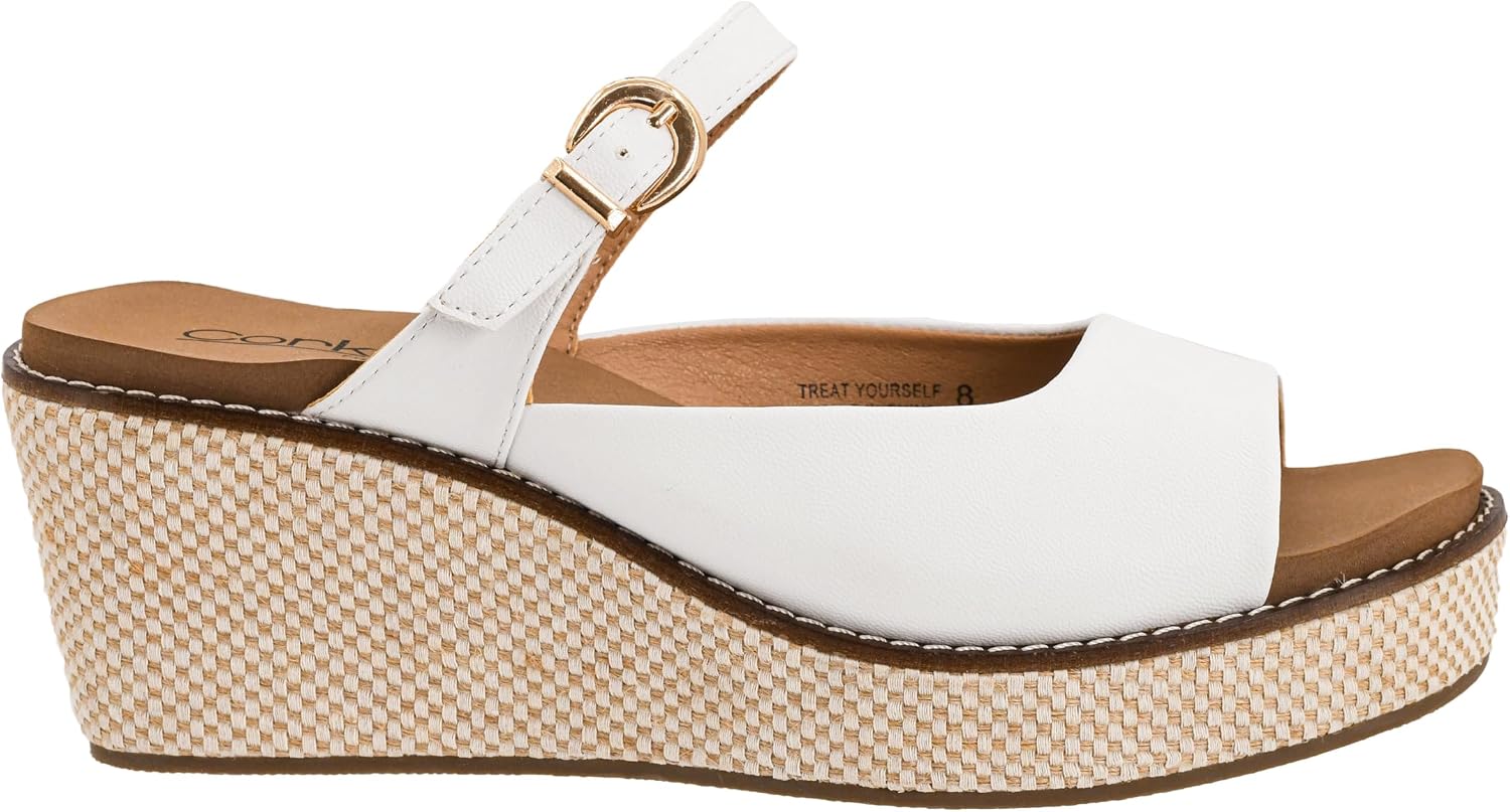 Corkys Footwear Treat Yourself Women’s Slip-On Wedges – Featuring a 2.5-Inch Heel, Signature EVA Cushioned Insole, and Two Strap Upper with Adjustable Buckle for All-Day Comfort