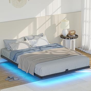 Floating Bed Frame Full Size with LED Lights 7.7 Inch Heavy Duty Metal Platform Queen Bed with Underbed Storage Space Steel Slat Support Anti-Slip Easy Assembly, Black
