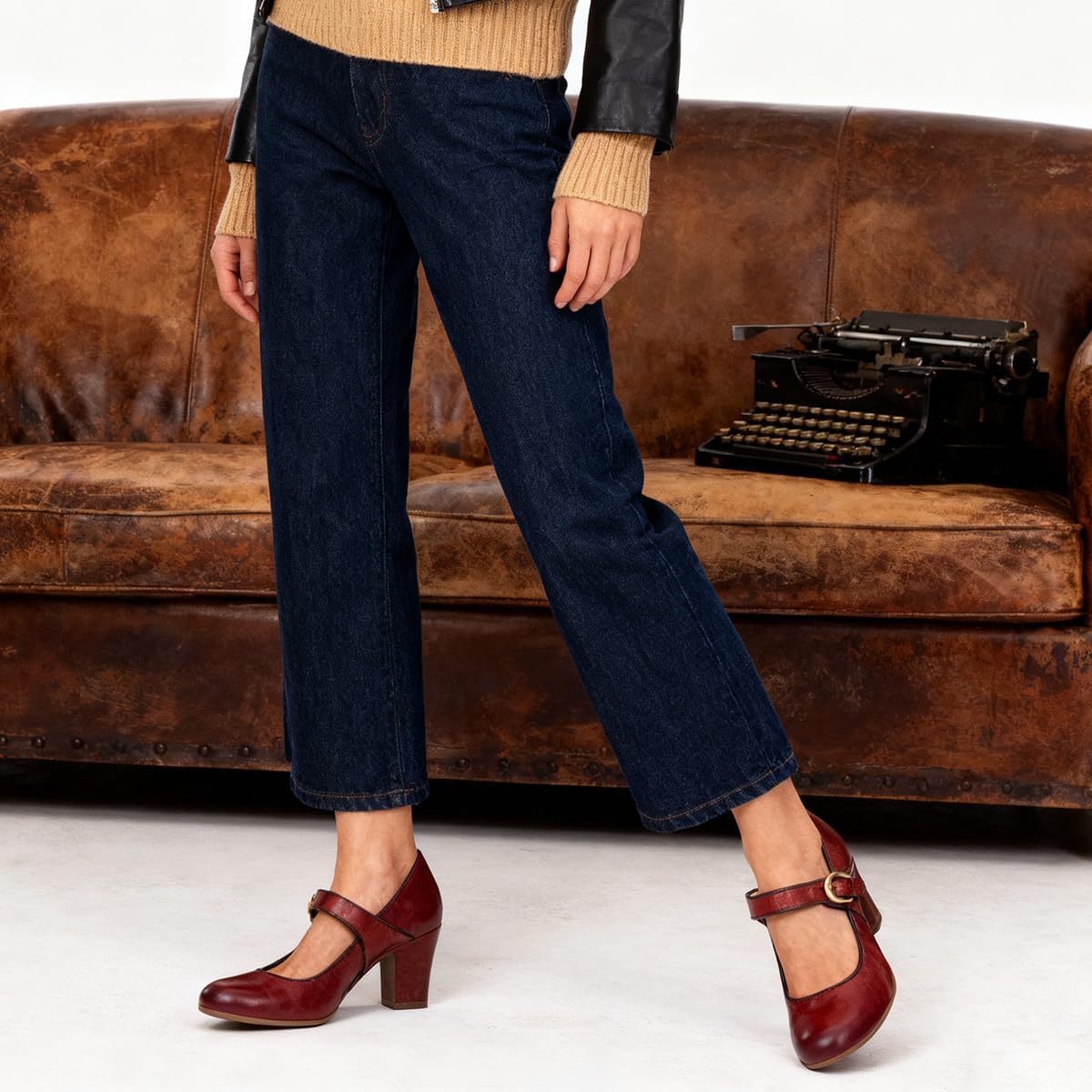 SHODENSE Women Vintage Chunky High Heel Mary Jane Shoes Round Closed Toe Ankle Strap Dress Sandals 3" Block Heels Mary Jane Lolita Pumps Two-Toned Patchwork Buckle Office Lady Wedding Retro 4-11 M US - Image 2