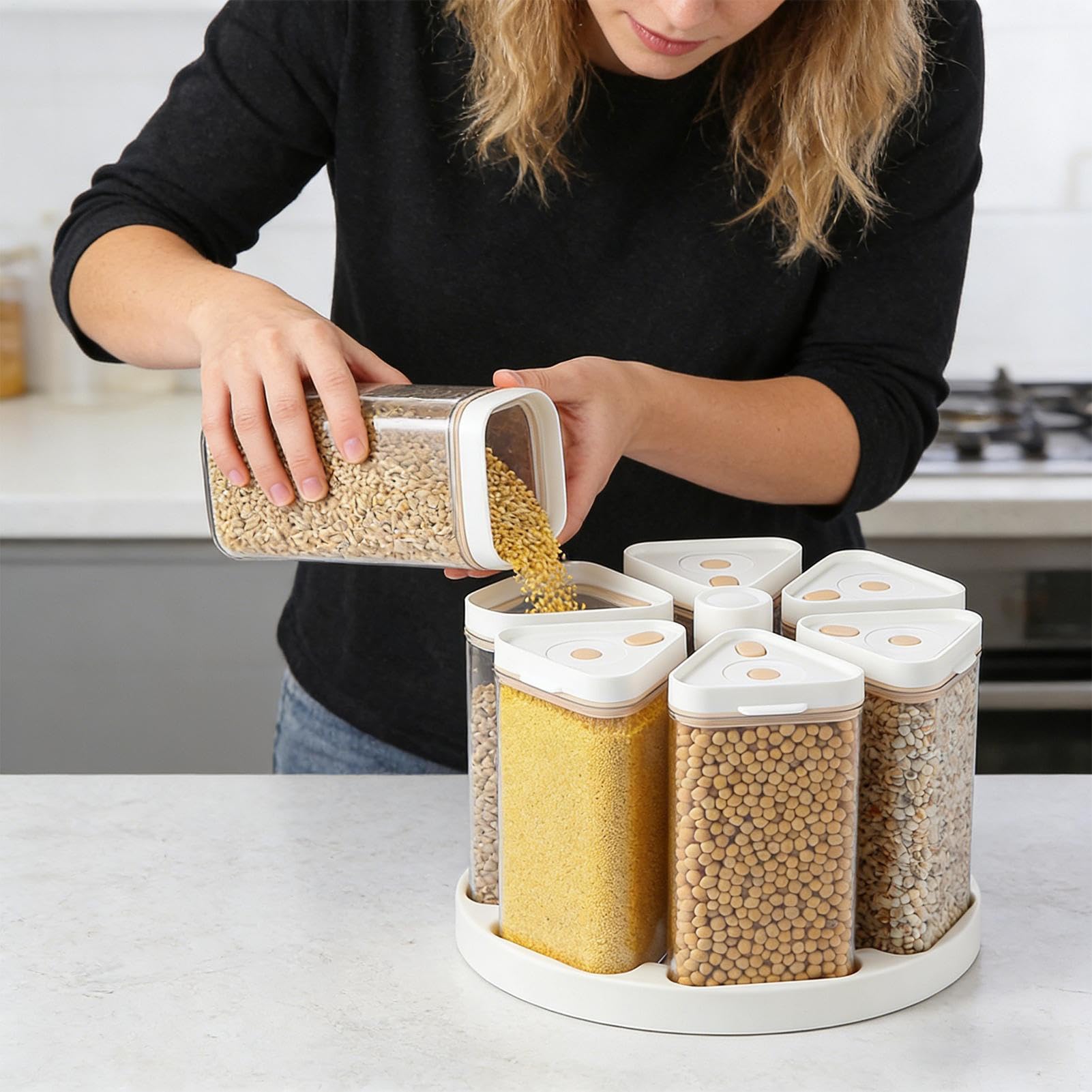 Generisch Dispenser girevole per riso a 6 scomparti | Contenitore per riso per cucina, casa, ristorante, panetteria, bancone, snack, cereali, farina d'avena