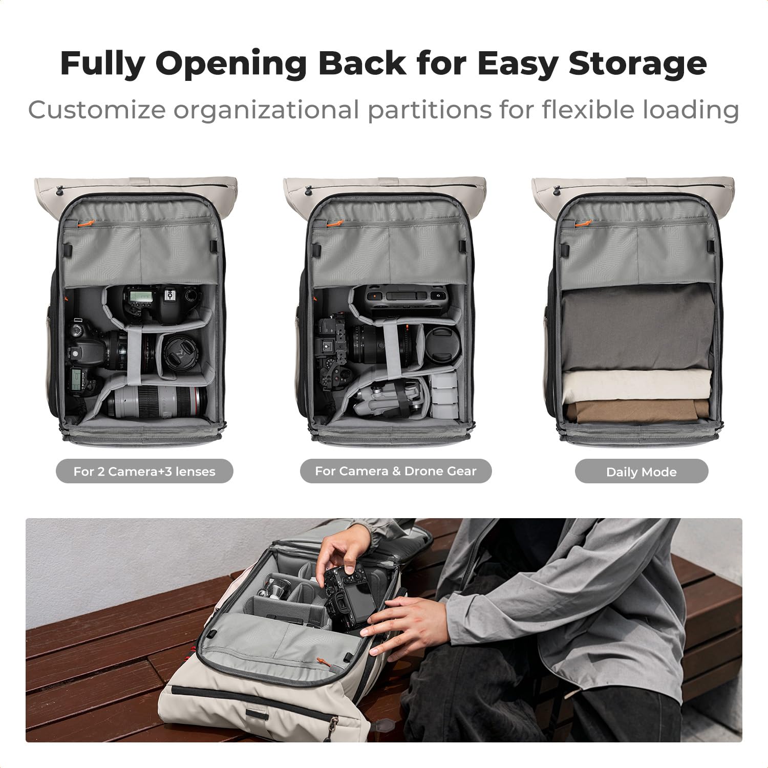 K&F CONCEPT Kamerarucksack mit Rolltop-Erweiterung | großer Fotorucksack mit vollständiger Rückseite zum Öffnen, Schnellzugriff und Laptopfach für Geräte bis zu 15,6 Zoll