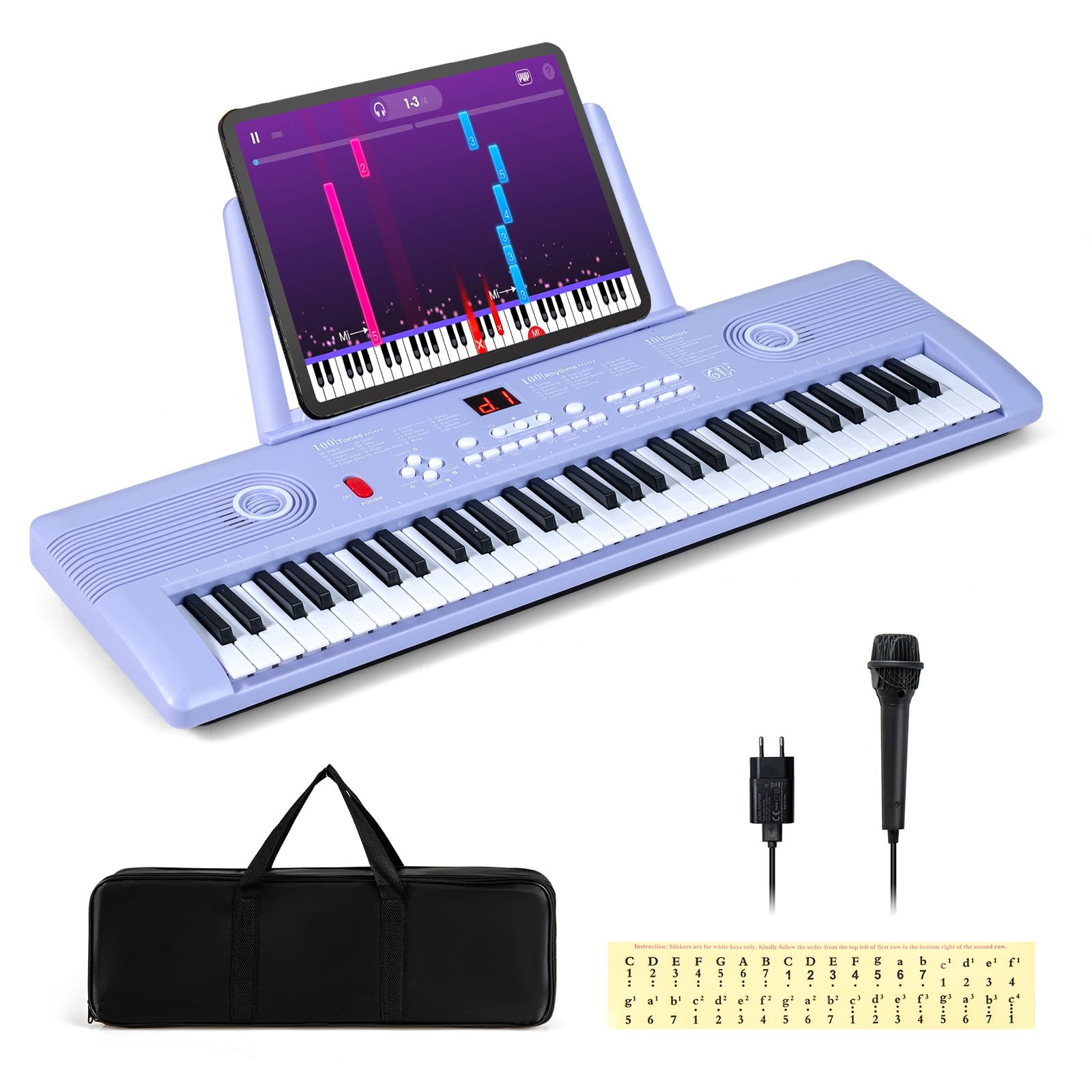 COSTWAY Keyboard Piano 61 Tasten, Digital Piano mit Ständer & Mikrofon & Tragetasche, E-Piano für Einsteiger, Klavier für Kinder Jungen (Lila)