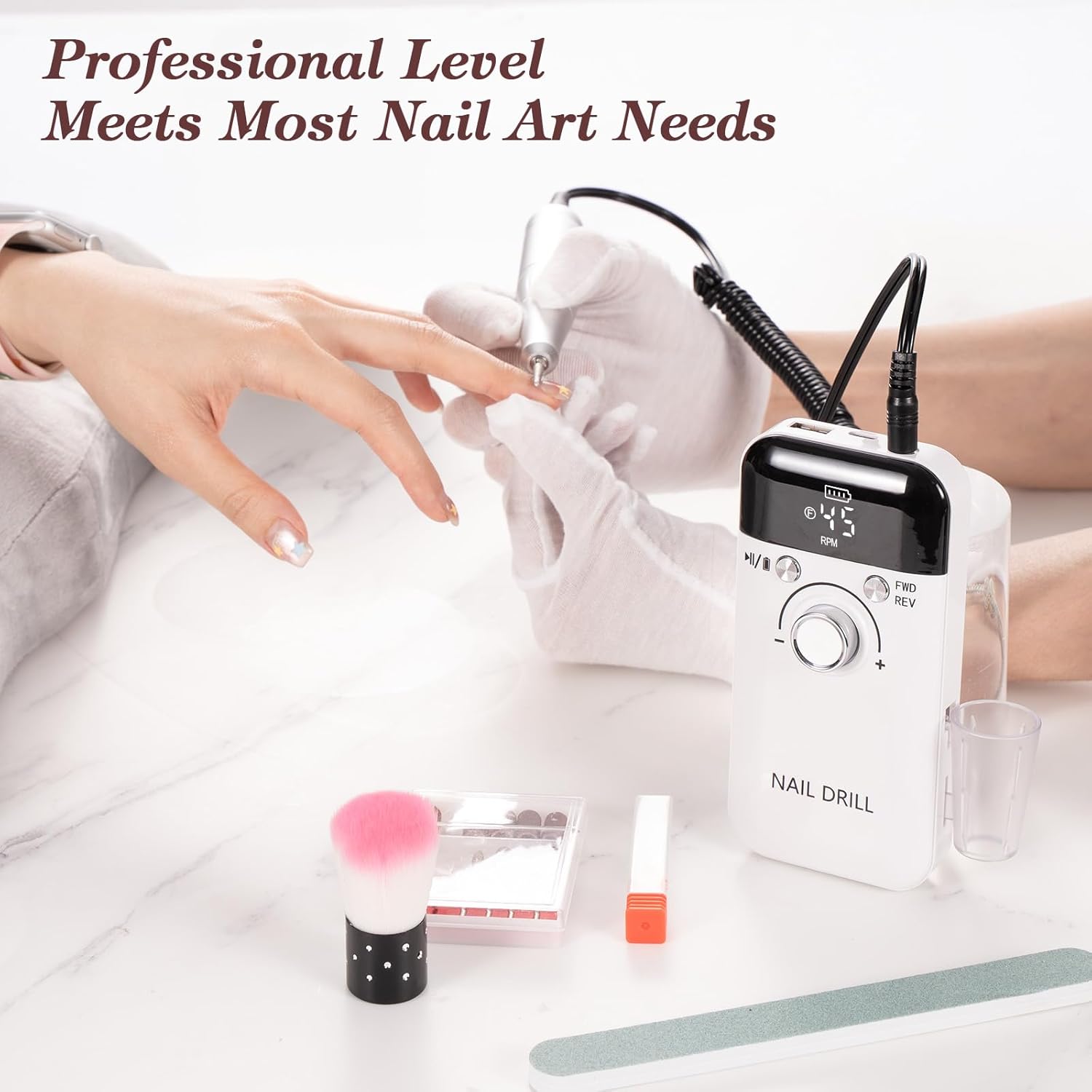 Electric Nail Drill Professional 45000 RPM, White Rechargeable Nail Drill File Machine for Acrylic Gel Nails Polishing Removing, Cordless Efile, Portable Electric Nail File for Manicure Salon Home