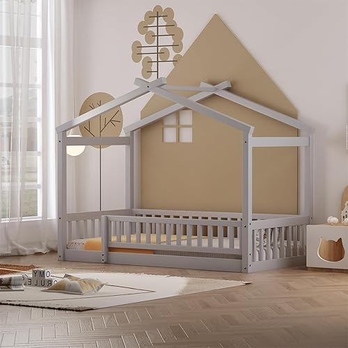 LLS Cama de casa individual con valla, cama Montessori de madera con soporte de listones, marco de cama para dormitorio de niños y niñas, gris