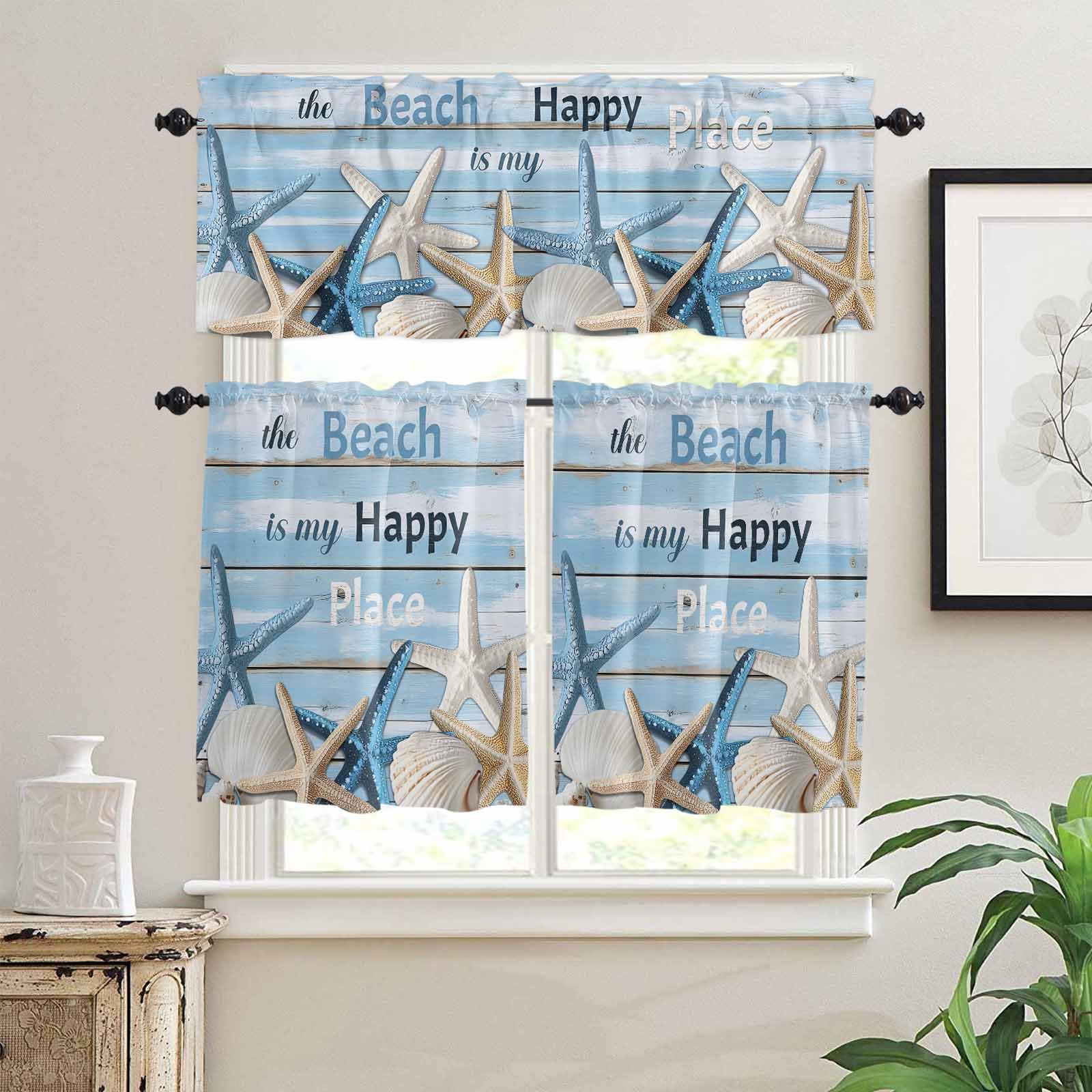 Blue Starfish Coastal Kitchen Curtains 36 Inch Length,3 Piece Rod Pocket Small Half Tiers and Valance Set,Nautical Shell Summer Beach Vintage Small Large Window Treatment Decor for Bedroom/Bathroom