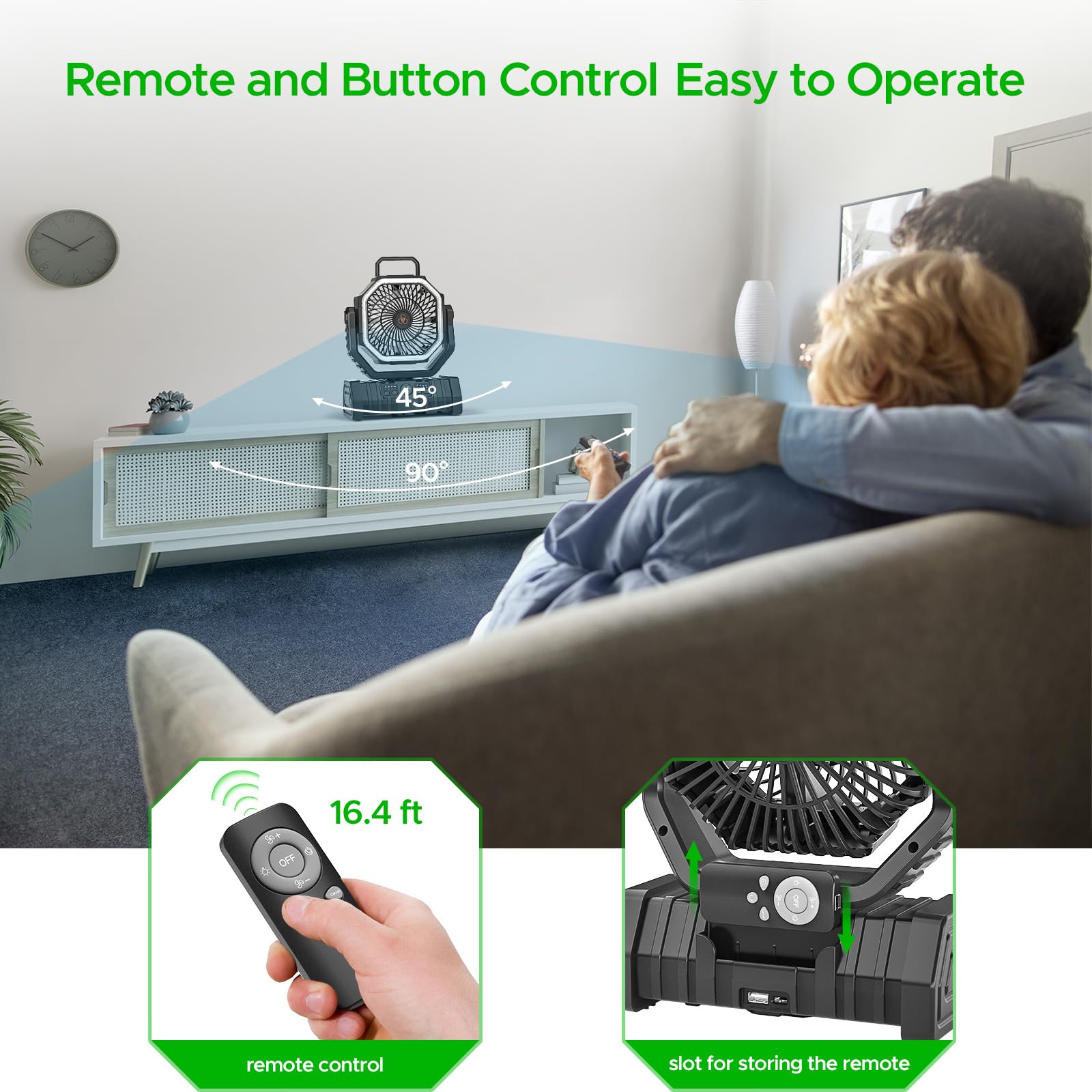 Ventilador de camping recargable con linterna LED, 20000 mAh, oscilante automático, ventilador de escritorio con control remoto y gancho, ventilador portátil de 8 pulgadas para picnic, pesca, RV