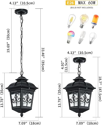 Miniatura 3 de Lámpara colgante negra mate para exteriores, para porche, patio, entrada, patio, puerta delantera, playa, impermeable, lámpara colgante para