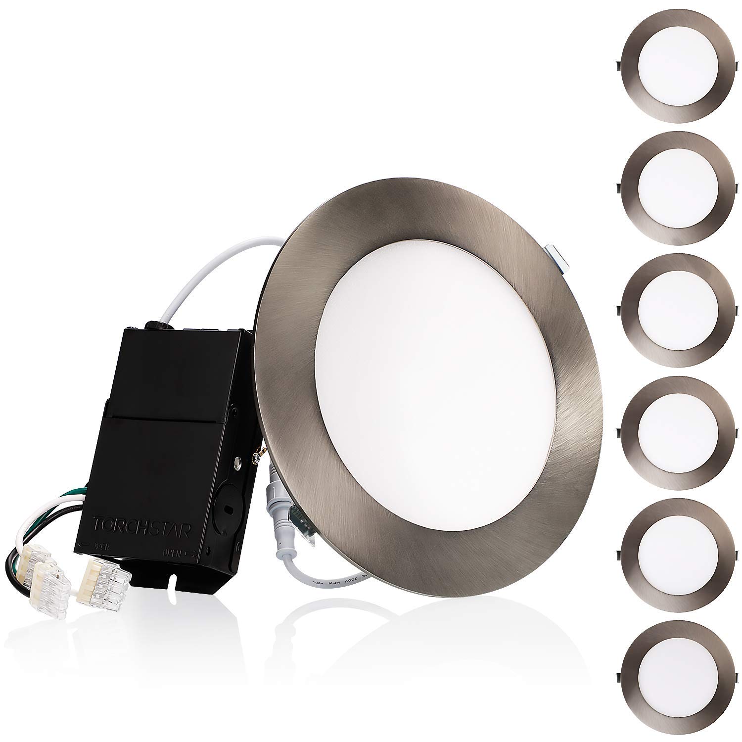 TORCHSTAR E-Lite Series 6 Inch Slim Recessed Lighting with J-Box, 13.5W Ultra-Thin LED Recessed Light, Dimmable Canless Downlight, ETL&ES Listed, CRI90, 4000K Cool White, Satin Nickel, Pack of 6