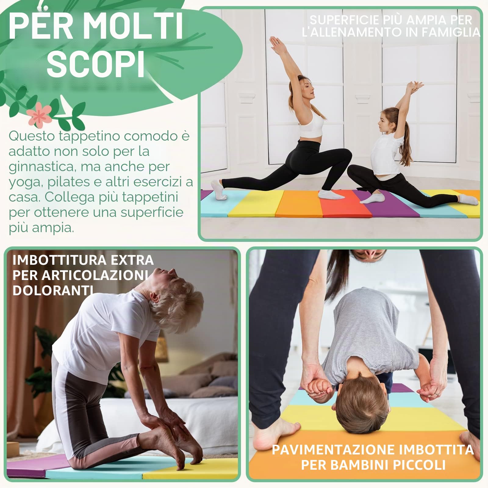PhysKcal Tappetino ginnastica pieghevole a 5 pannelli con maniglie | Superficie antiscivolo in ecopelle con imbottitura spessa per yoga, pilates, ginnastica e attività ricreative a casa.