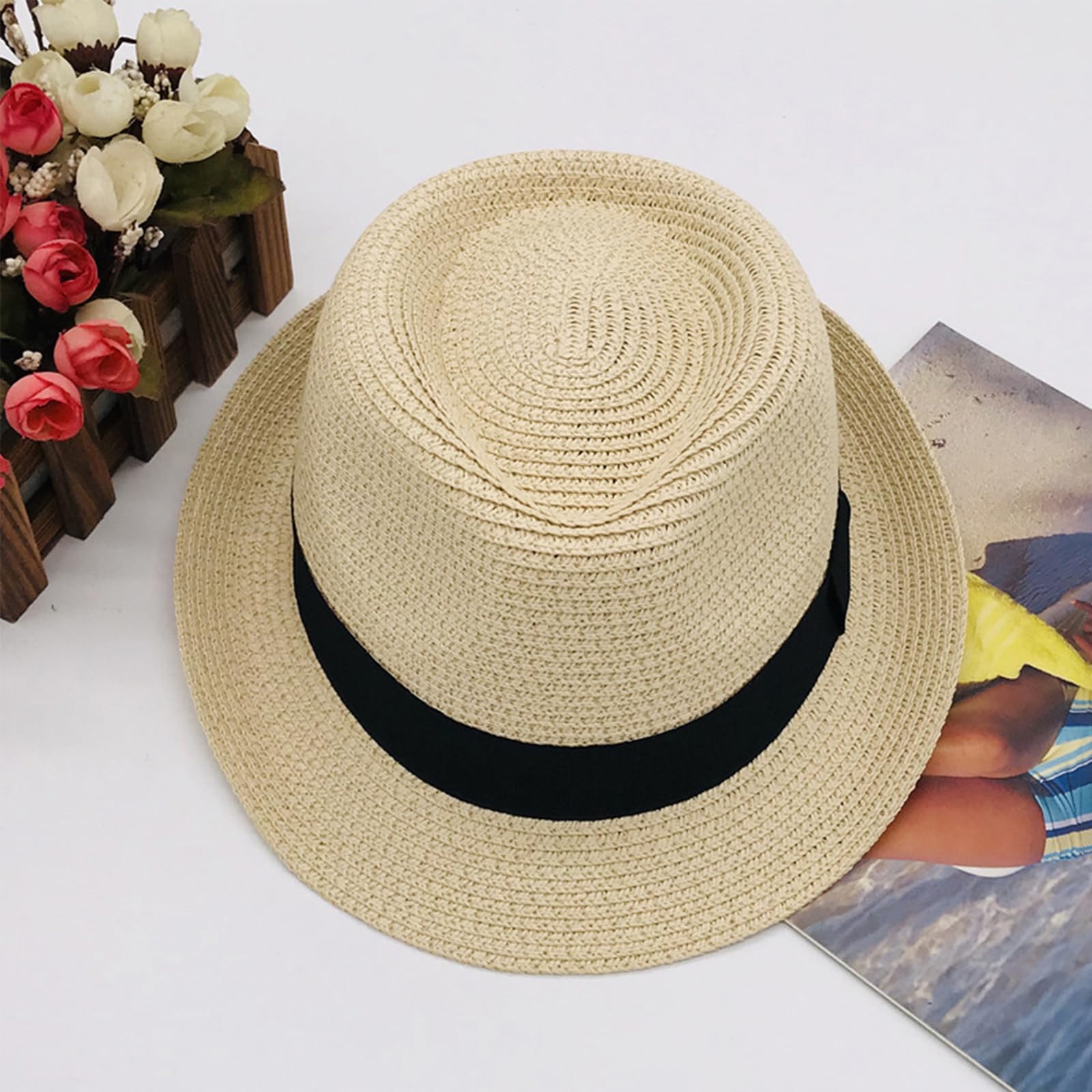 YJZQ Cappello di paglia, stile Panama, per bambini, estivo, cappellino pieghevole, cappello da sole, per spiaggia, cappello tradizionale panama, per il tempo libero per la testa, 52-53 cm