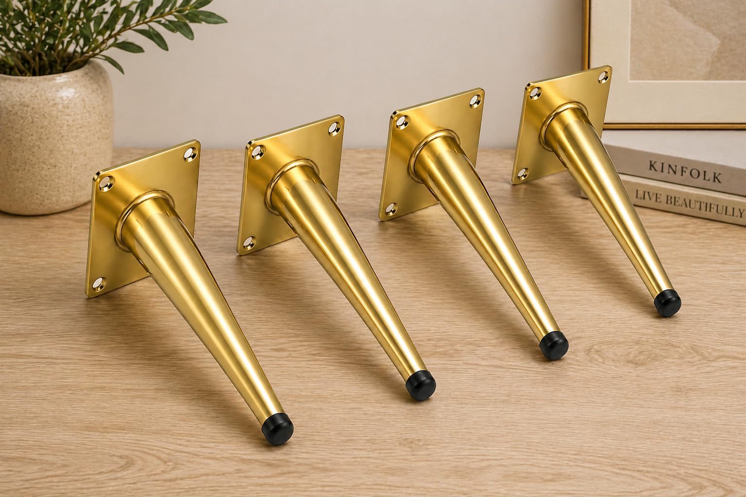 Metal Furniture Legs, Gold, Tapered Cone Style, 6 Inch, with Square Mounting Plate and Floor Protector Caps, Set of 4-image-24