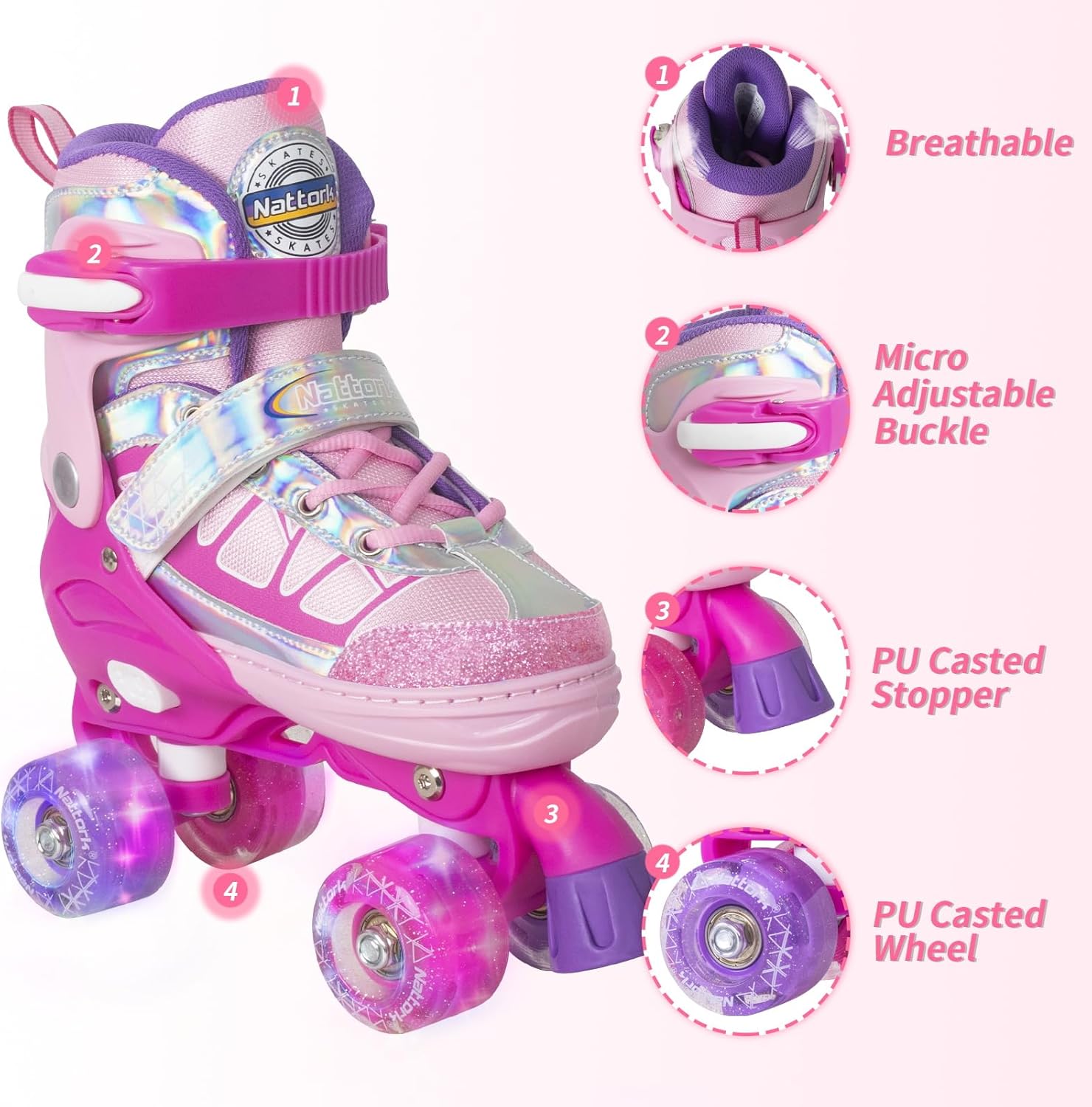 Nattork Roller Skates for Kids Boys Girls, 4 Size Adjustable Rollerskates with Light Up Wheels for Children Beginners for Outdoor Indoor Rosy - Image 3