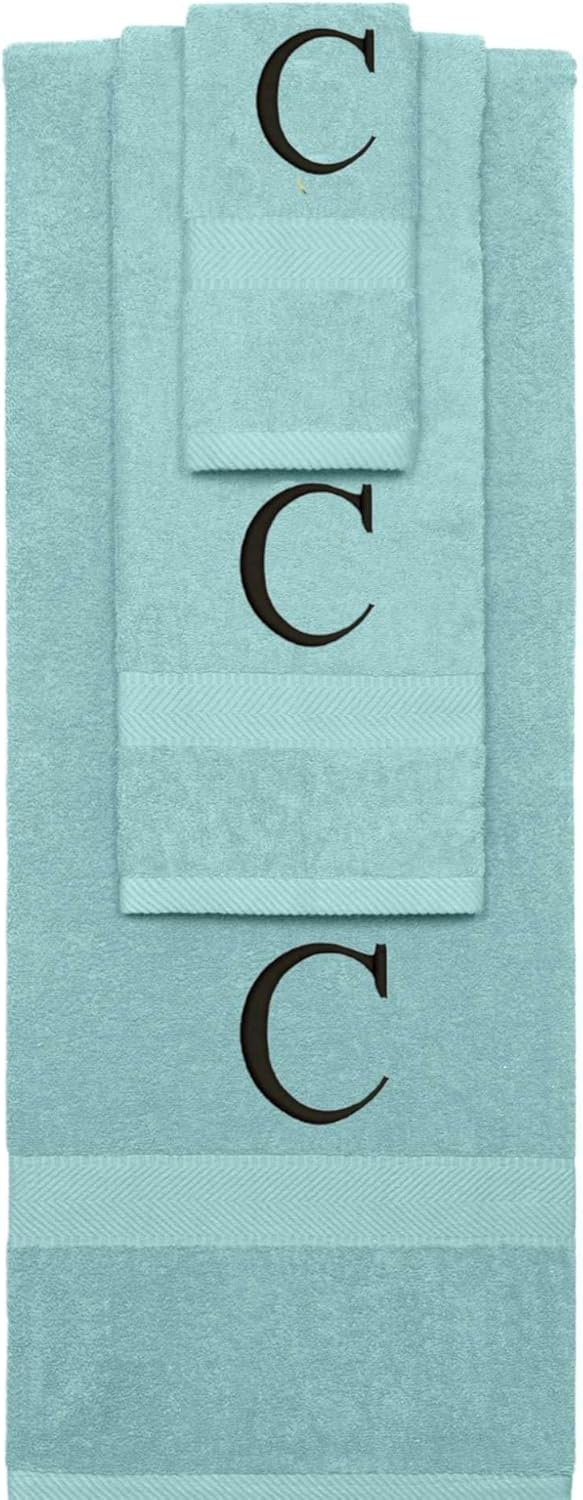 BY LORA Personalized Embroidered Initials A-Z - 100% Terry Cotton Ring Spun Bath Towel, Hand Towel and Washcloth Set - Purple Towel Set, Silver Times New Roman Initial G