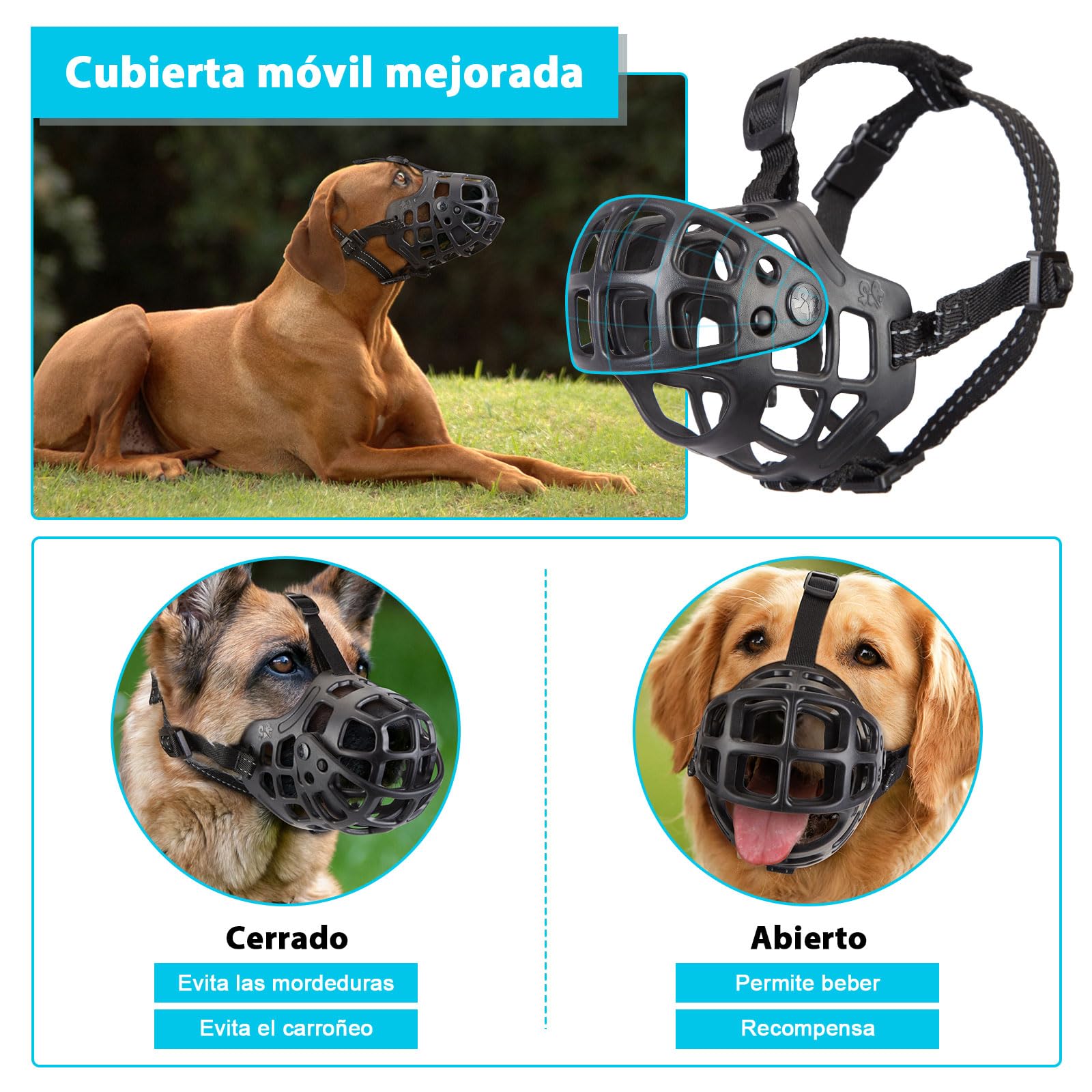Ownpets Bozal Perro Grande, Bozal de Cesta, Permite Jadear y Beber, con Cubierta Móvil para Evitar Morder, Masticar y Lamer, Ajustable, Bozal de Malla de Aire para Perros Agresivos Grande, XL